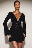 Chiffon Embellished Corset A line Mini Dress in Black