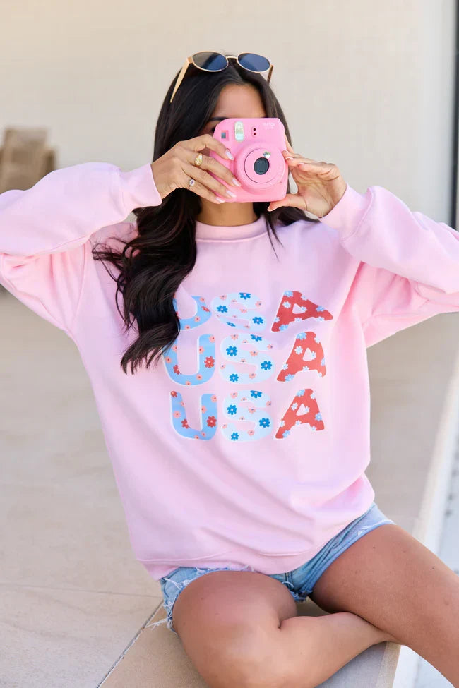 USA Floral Light Pink Oversized Graphic Sweatshirt