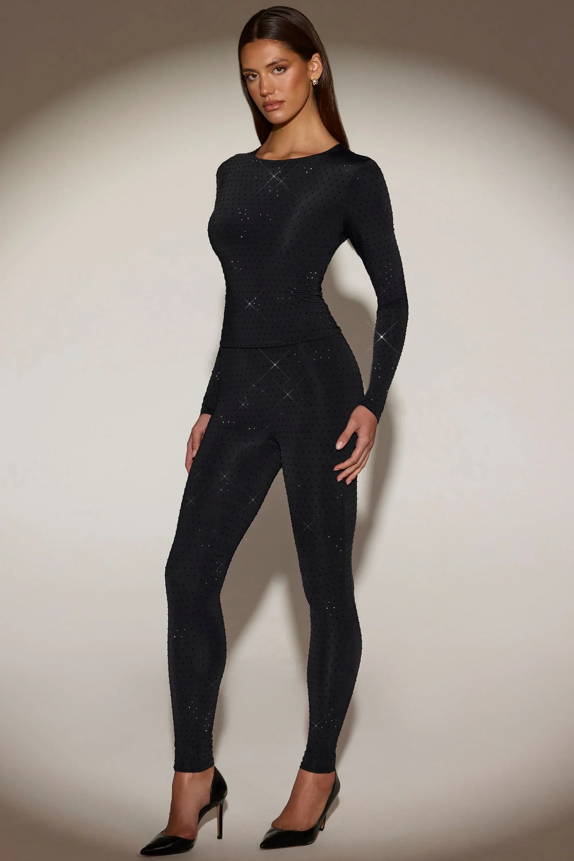 Embellished Jersey High Waisted Leggings in Black