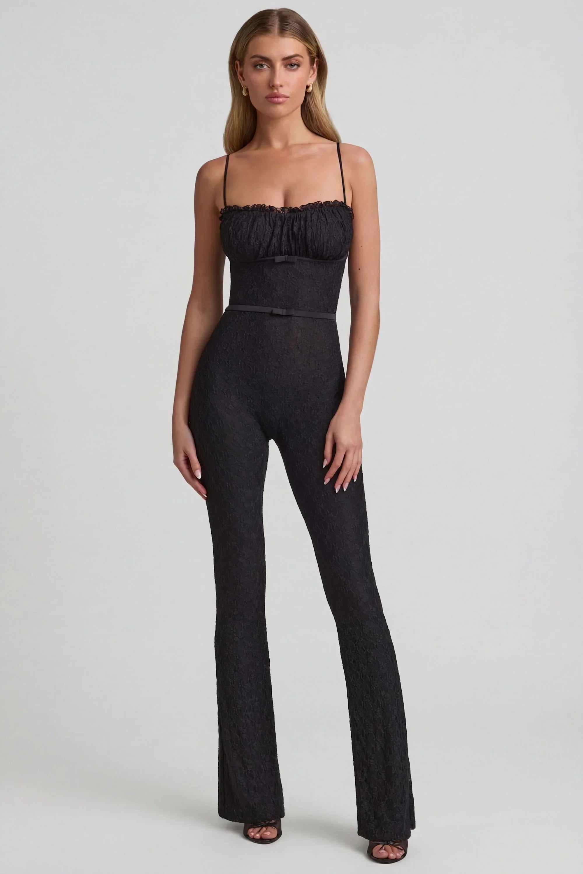 Bow Detail Lace Flared Jumpsuit in Black