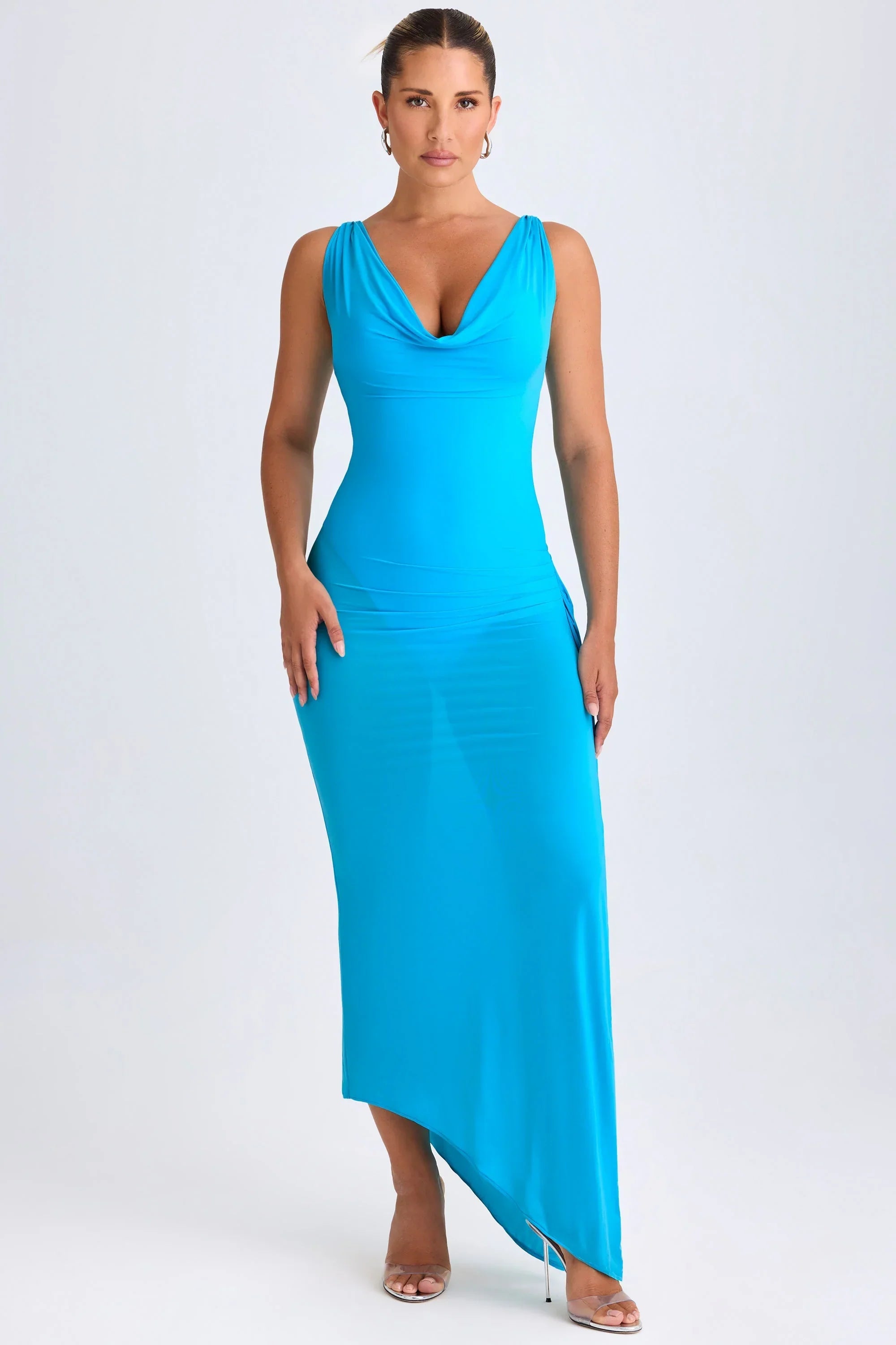 Ruffle Trim Cowl Neck Midaxi Dress in Aqua Blue