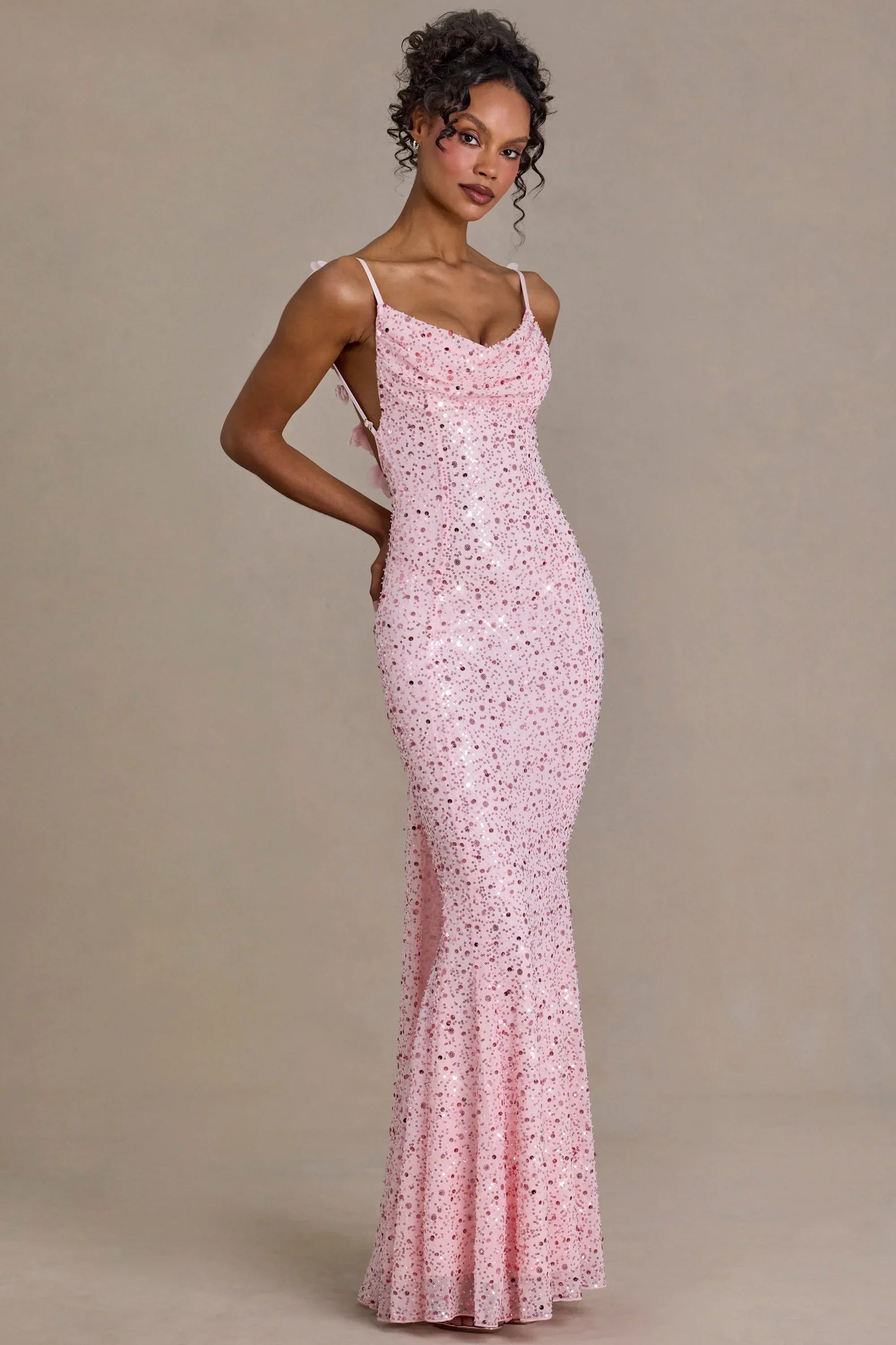 Embellished Open Back Maxi Dress in Baby Pink