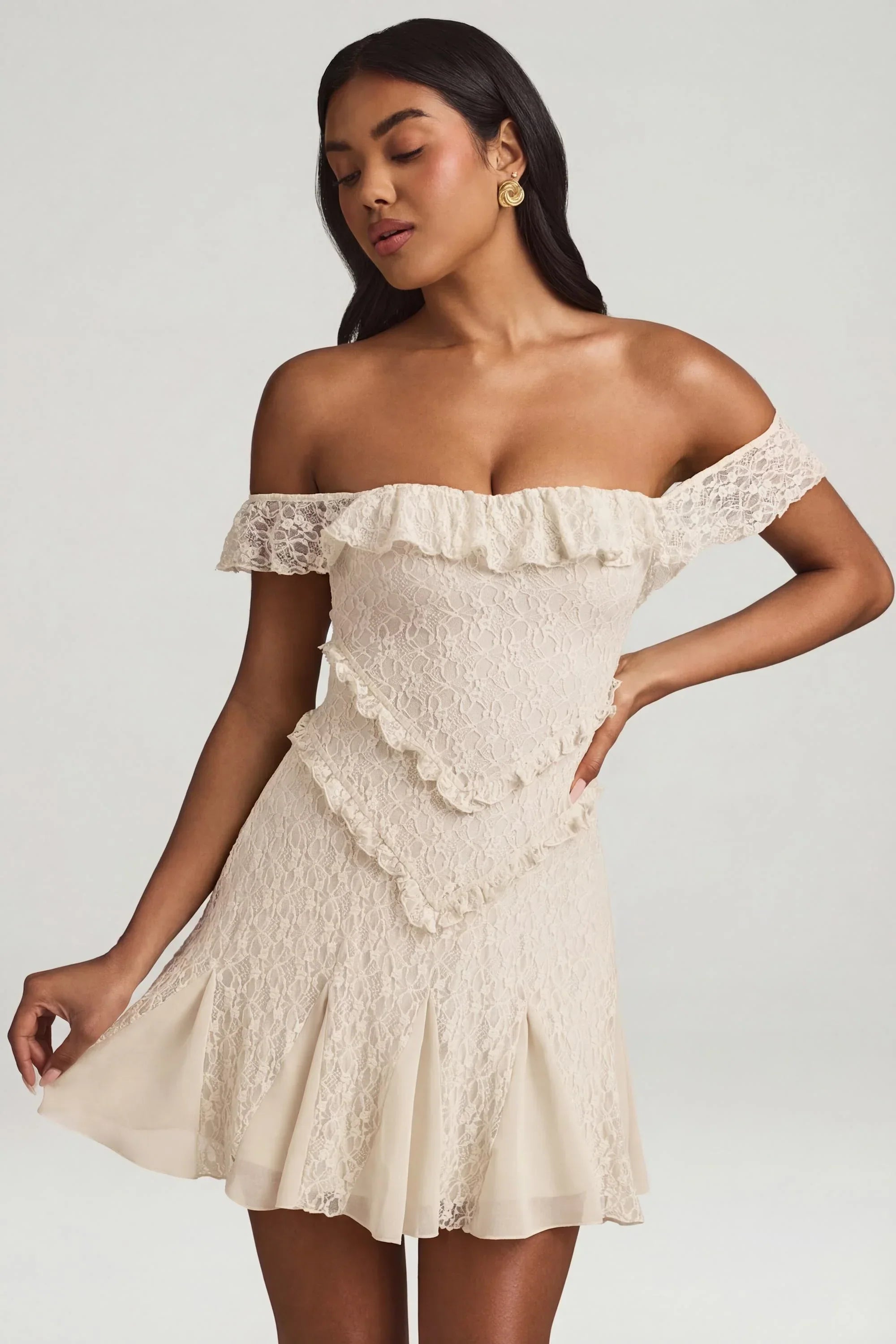Off Shoulder Lace A Line Mini Dress in Ivory