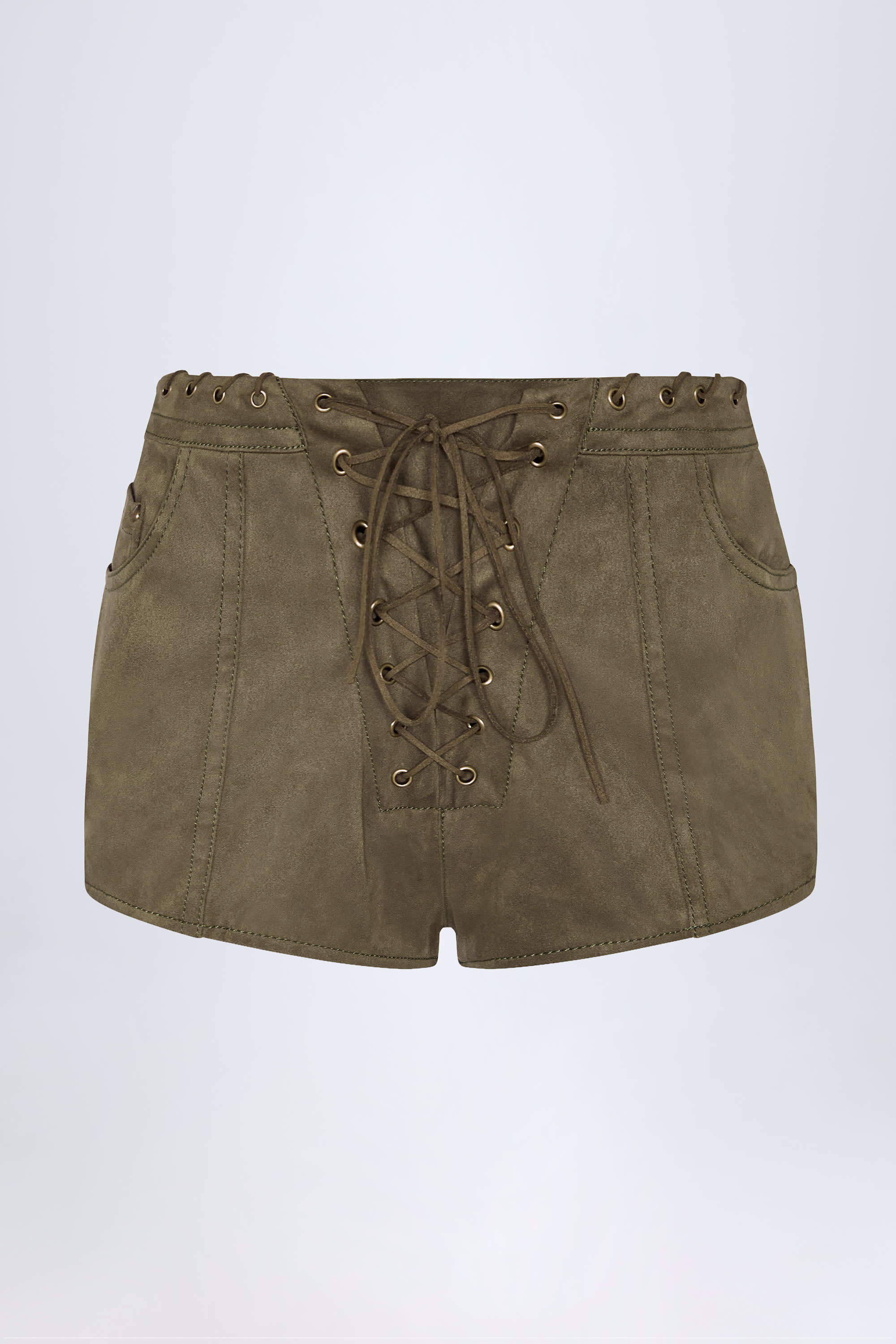 Lace Up Mid Rise Shorts in Dark Khaki