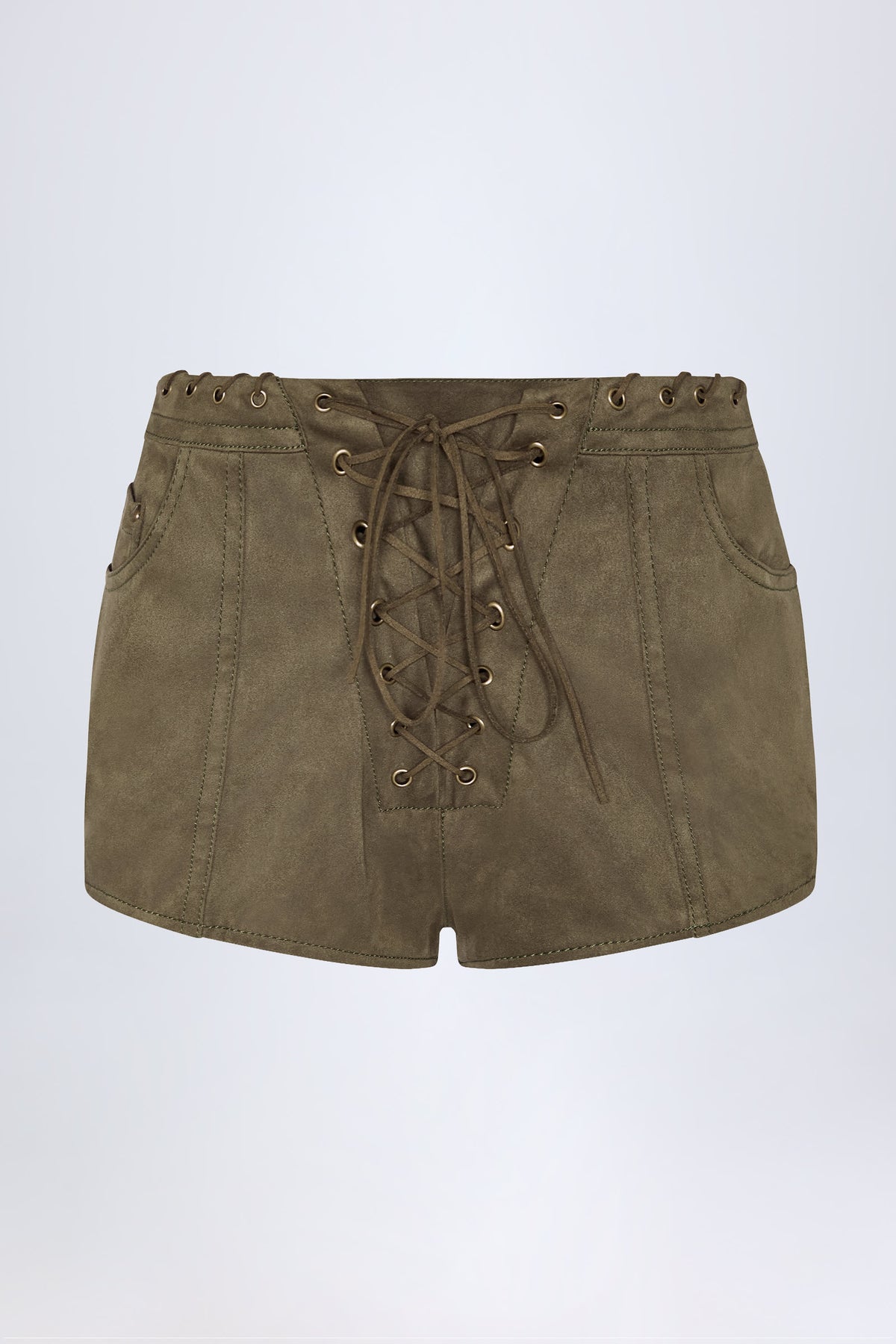Lace Up Mid Rise Shorts in Dark Khaki
