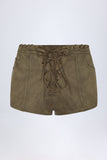 Lace Up Mid Rise Shorts in Dark Khaki