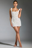 Floral Appliqué Square Neck Corset Mini Dress in White