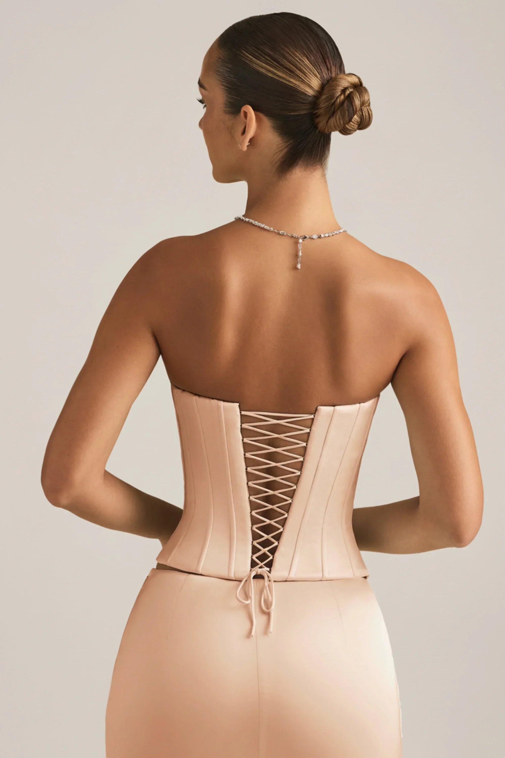 Satin Lace Up Corset Top in Beige Gold