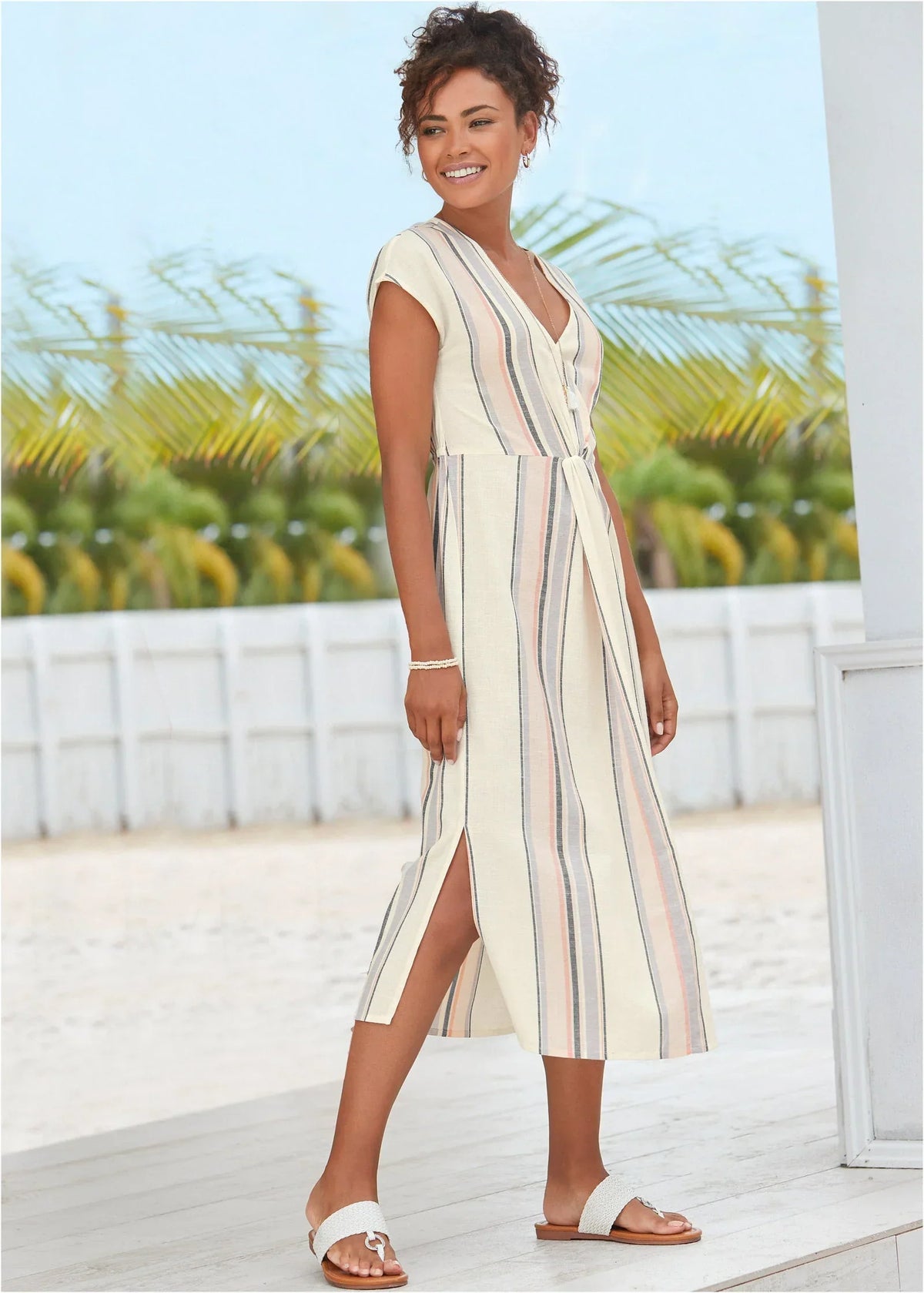 V Neck Faux Wrap Dress White Multi