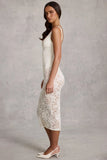 Sheer Lace Scalloped Plunge Bodysuit Midaxi Dress in White