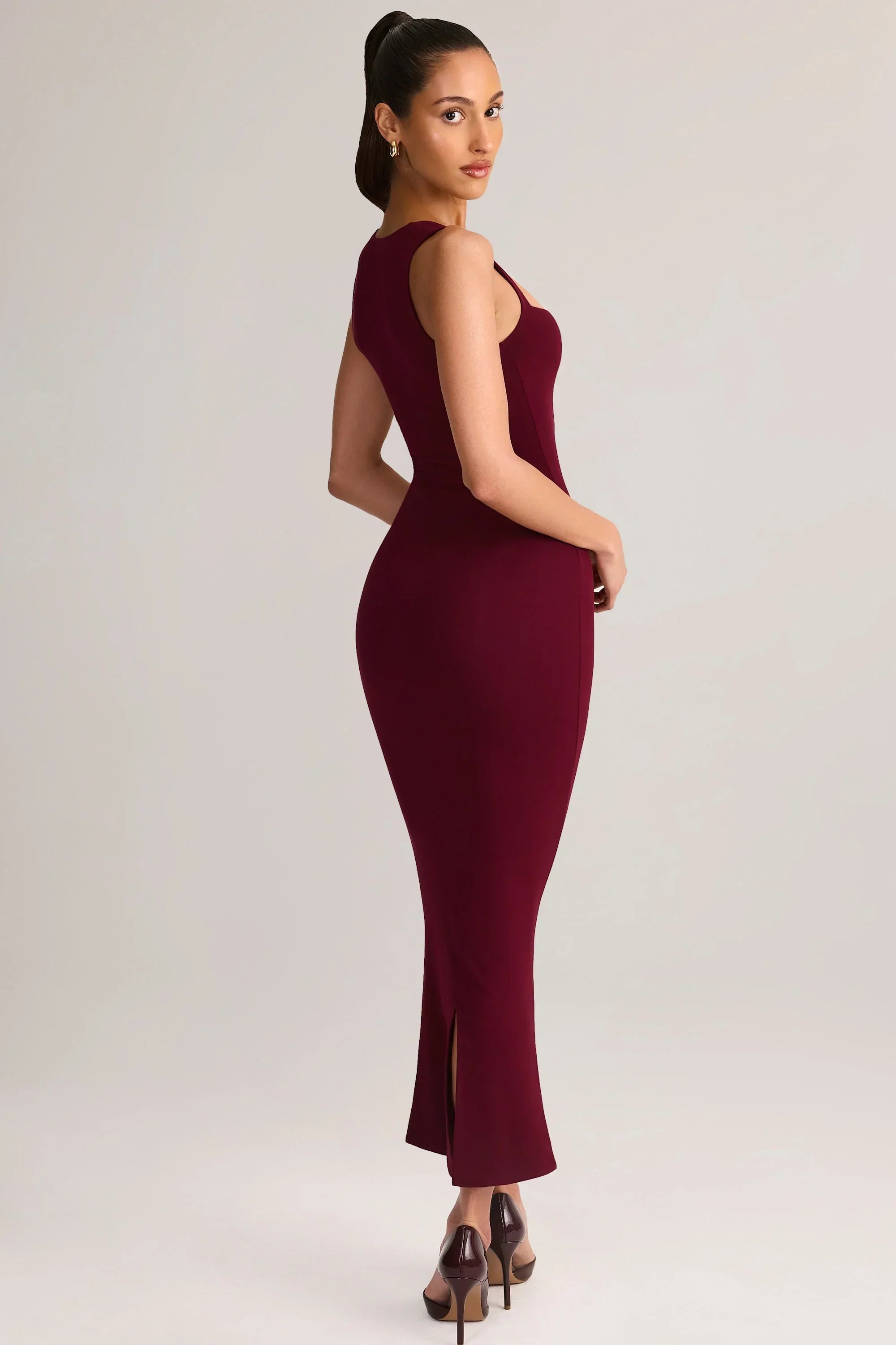 Modal Square Neck Bodycon Midi Dress in Wine
