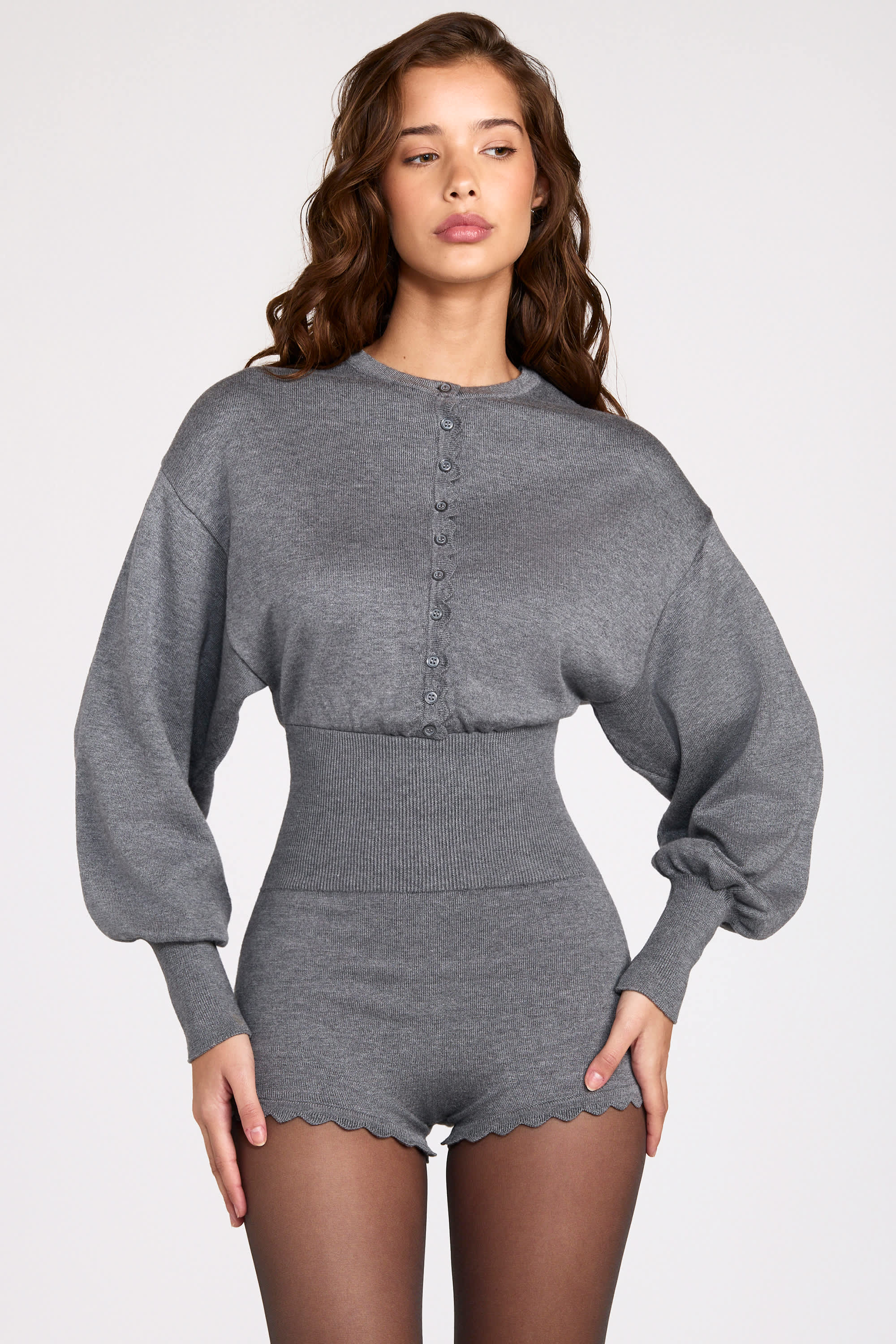 Fine Knit Long Sleeve Romper in Grey
