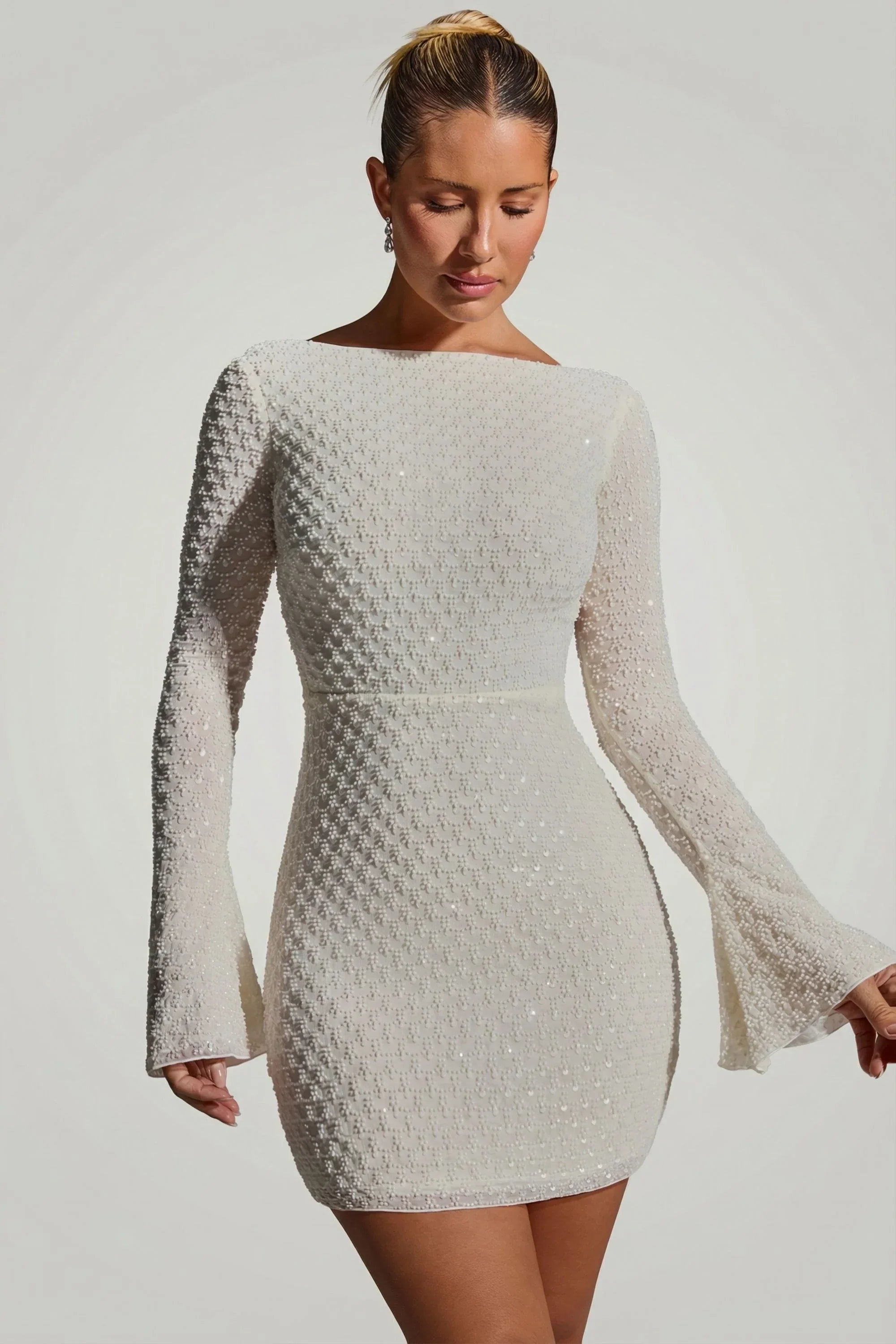 Embellished Open Back A Line Mini Dress in White