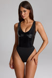 Glossy Vinyl Plunge Neck Bodysuit in Black