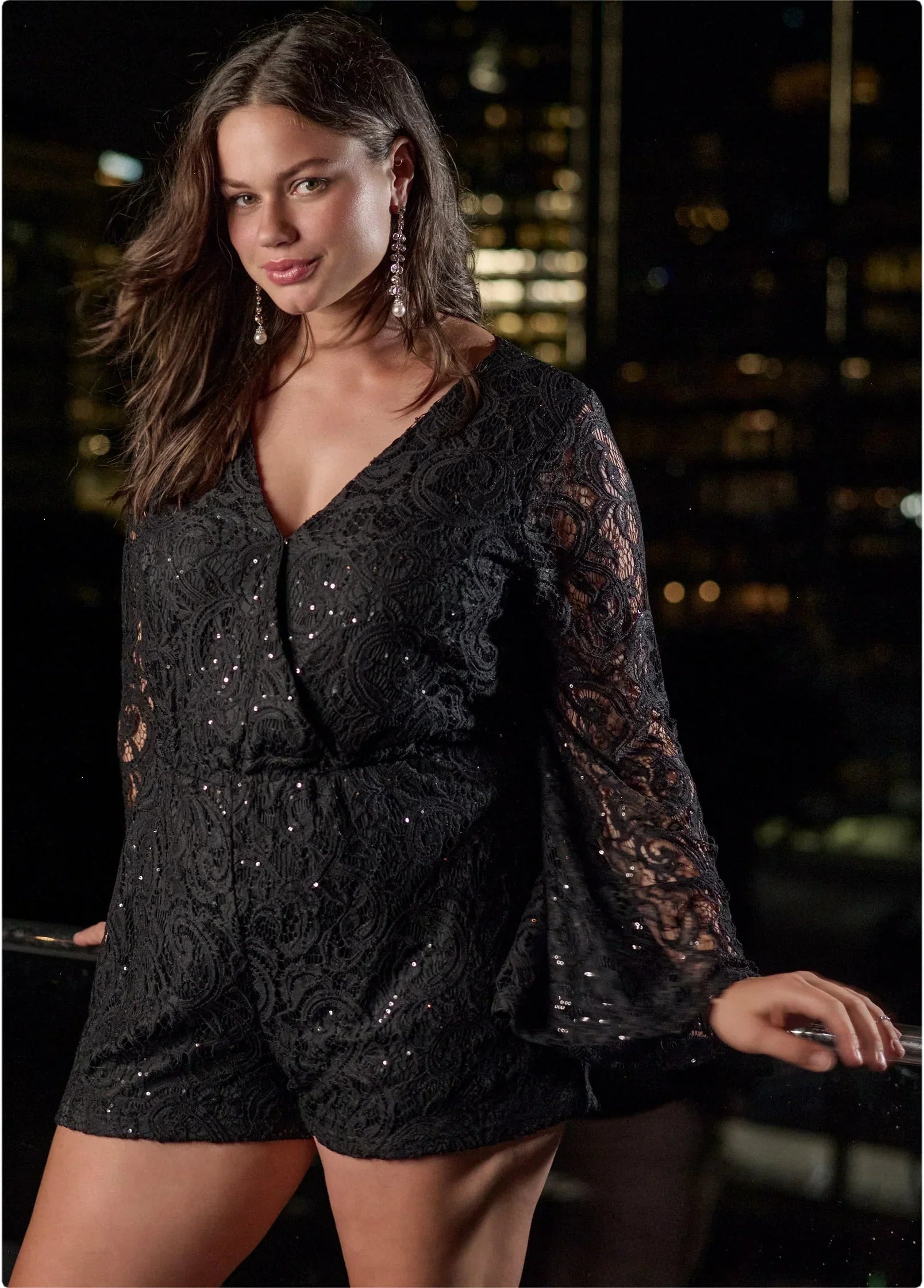 Sequin Lace Open Back Romper Black