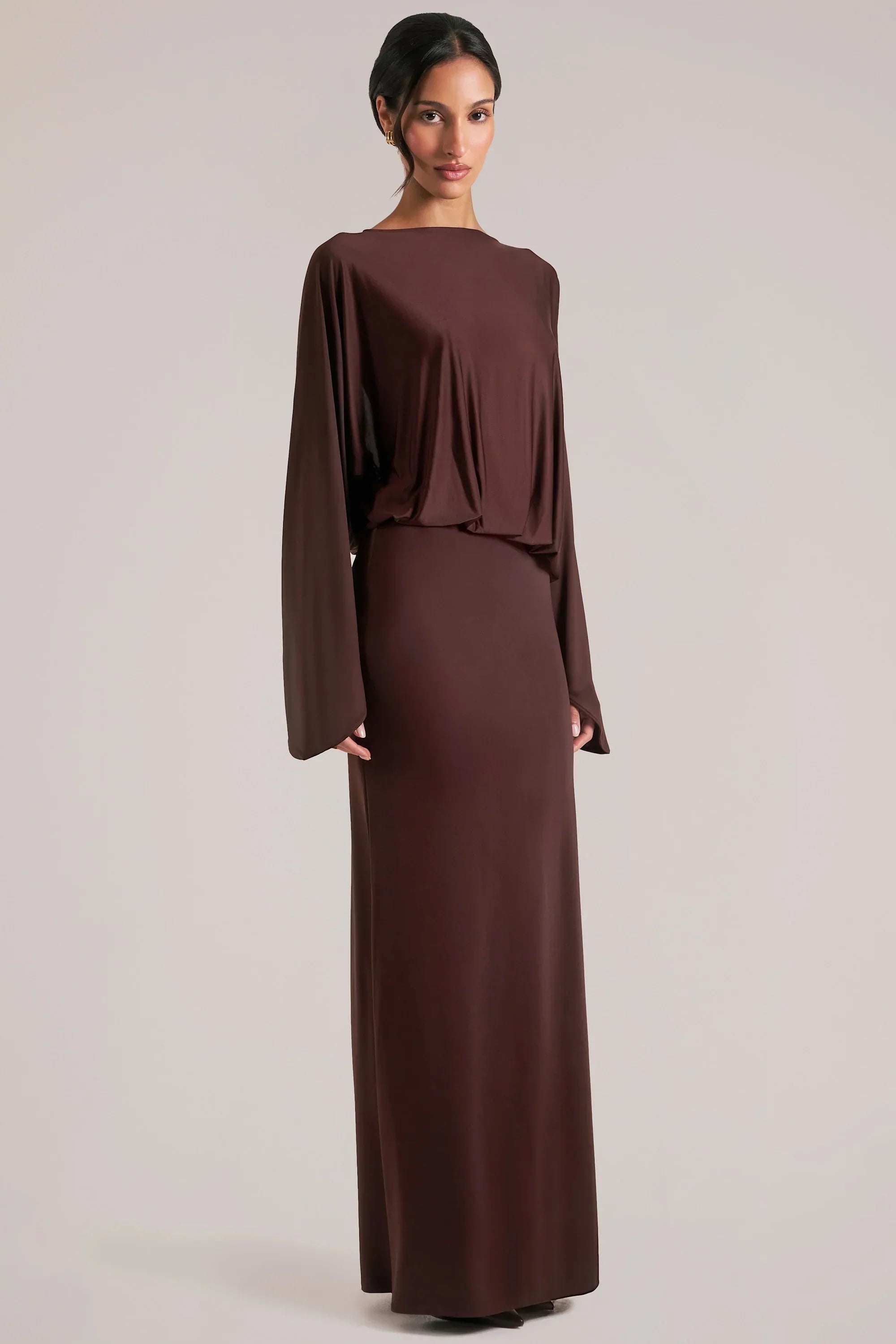 Long Sleeve Draped Maxi Dress in Chocolate Brown