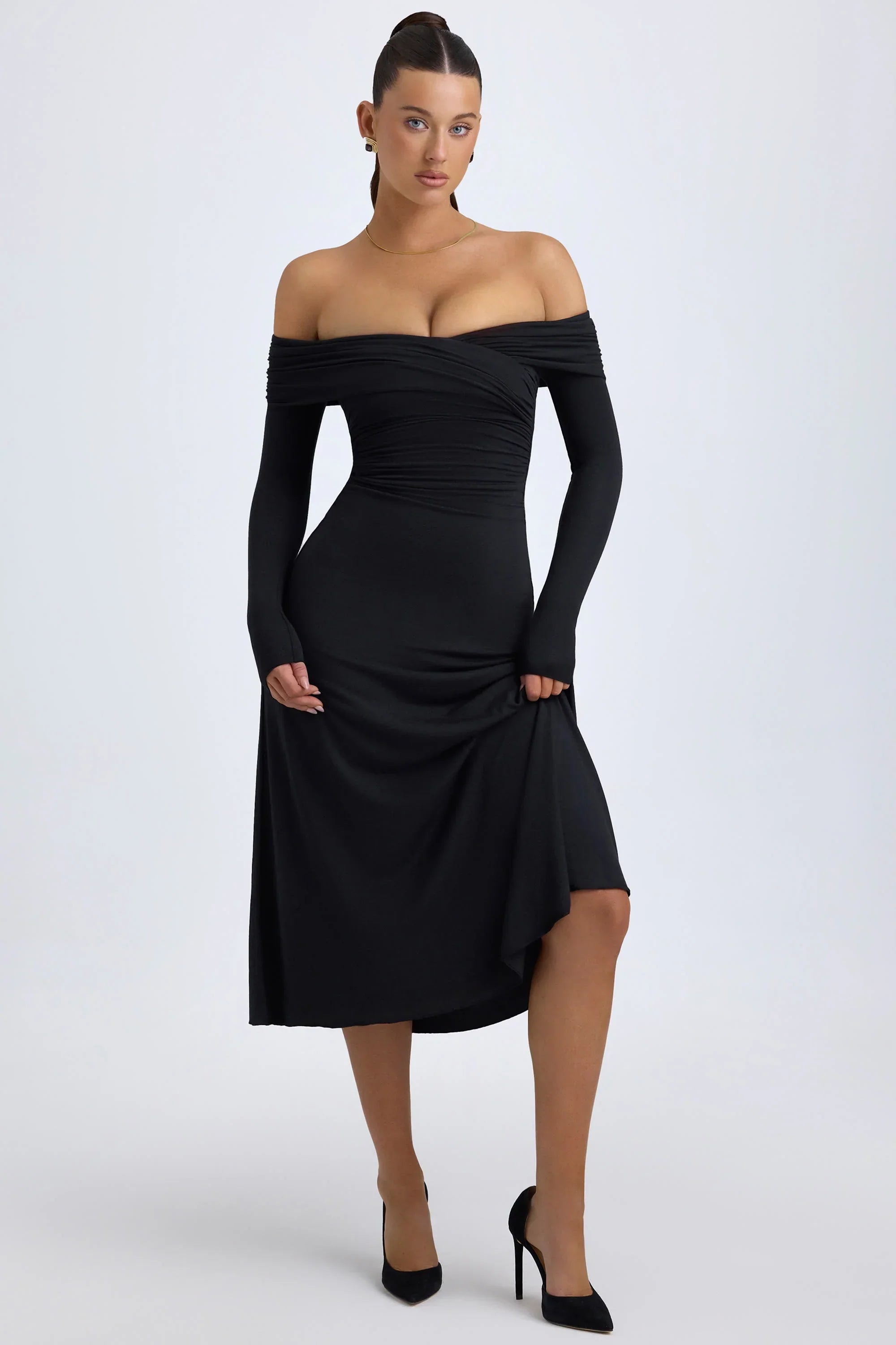Modal Off Shoulder Ruched Midaxi Dress in Black