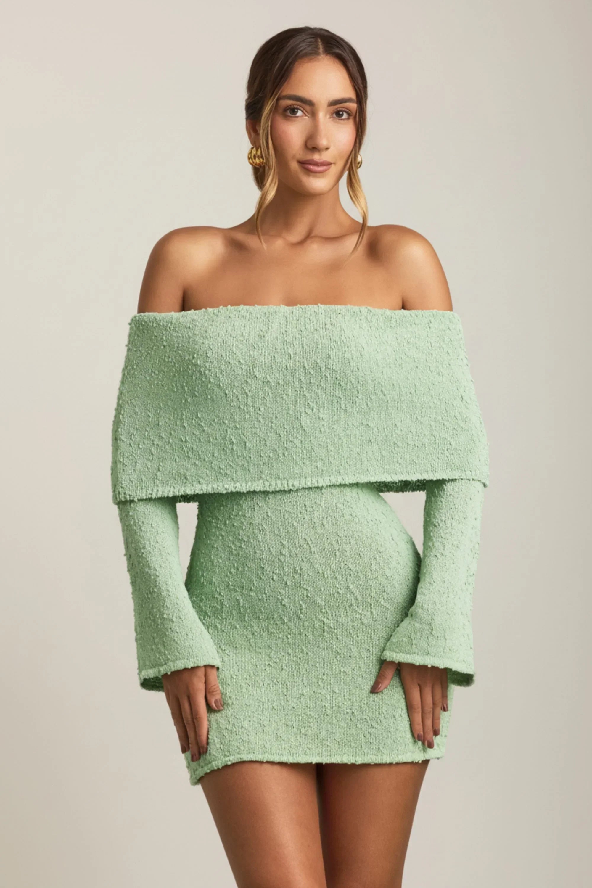 Bouclé Off Shoulder Mini Dress in Mint