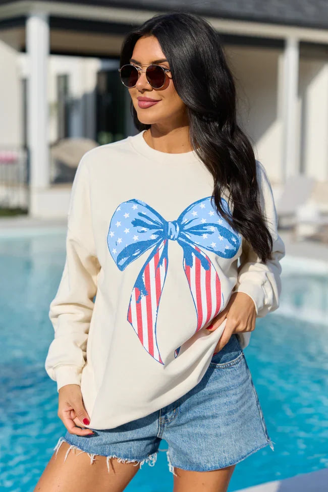 Patriotic Bow Cream Graphic Sweatshirt