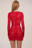 Sheer Scalloped Lace Long Sleeve Mini Dress in Rose Red