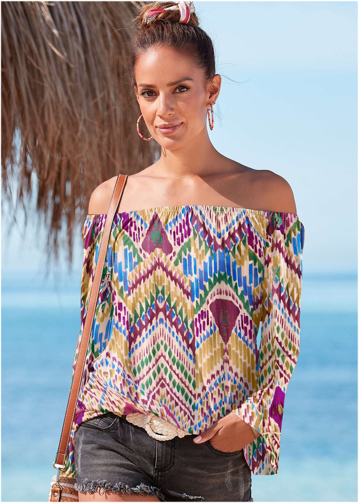 Bell Sleeve Printed Top White Multi