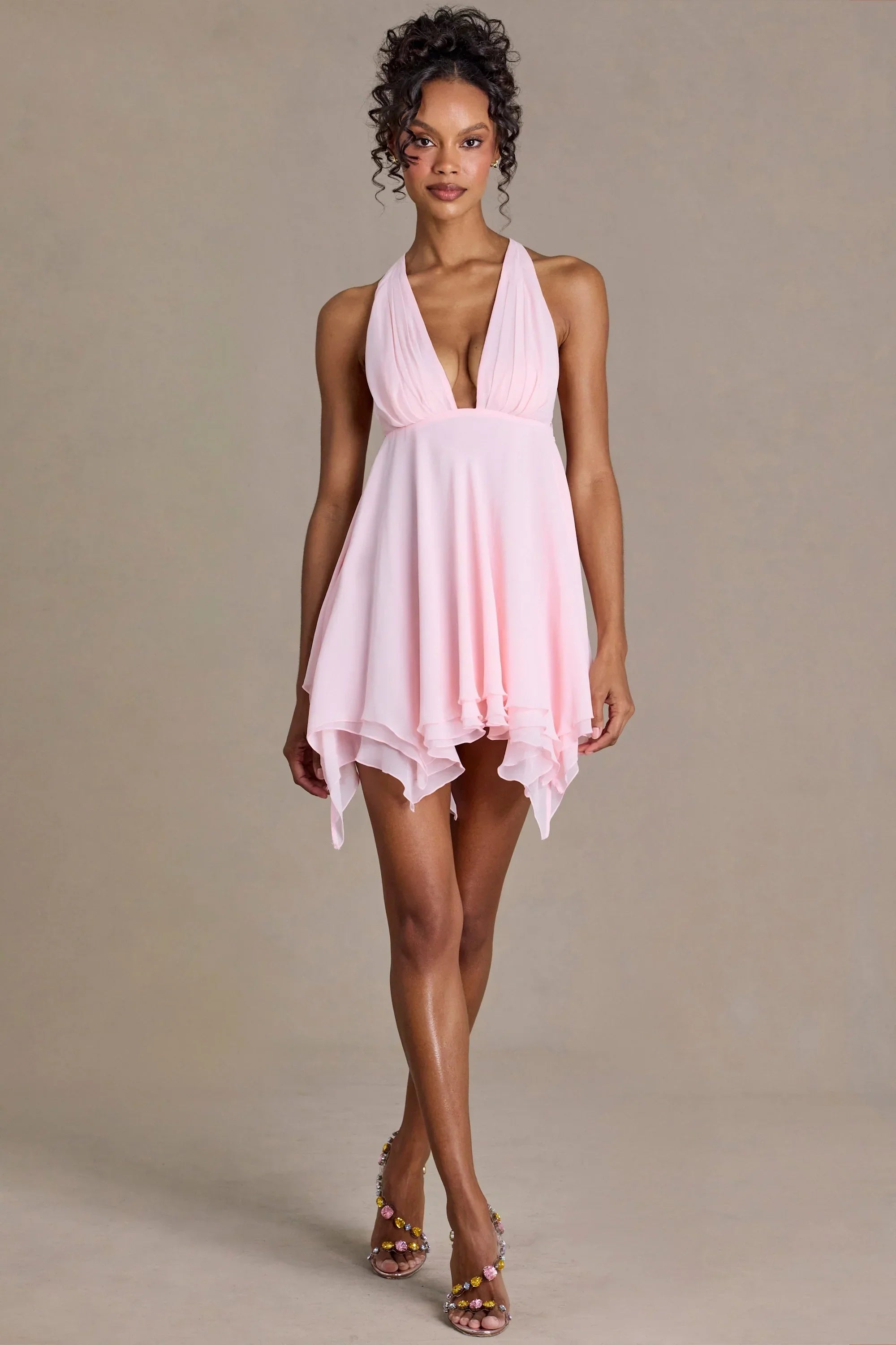 Chiffon Plunge Neck Open Back Mini Dress in Blossom