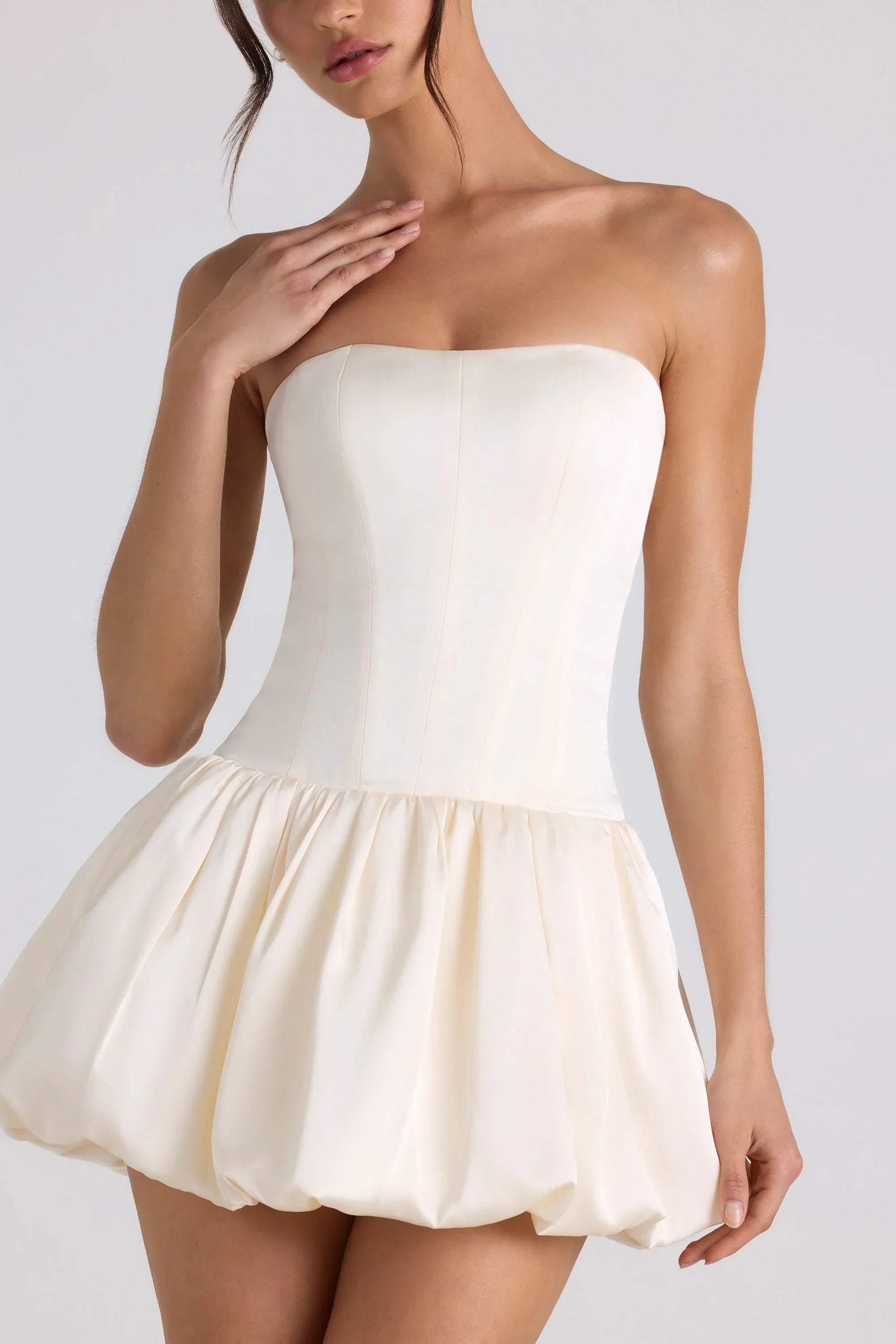 Lace Up Bubble Hem Corset Mini Dress in Ivory