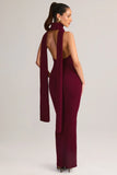 Rib Knit Scarf Detail Halterneck Maxi Dress in Wine