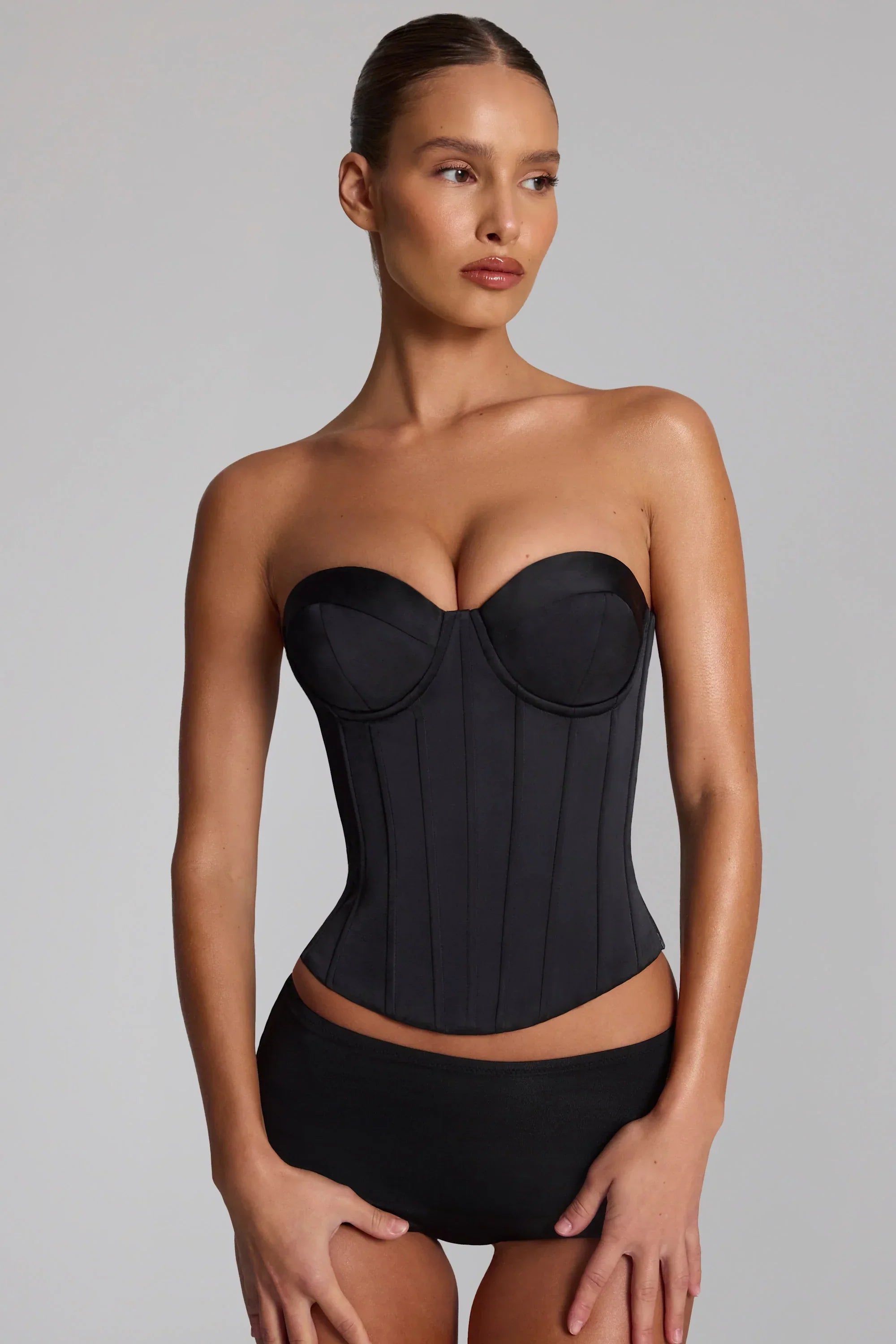 Satin Lace Up Corset Top in Black