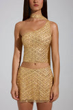 Embellished Asymmetric Scarf Detail Top in Gold