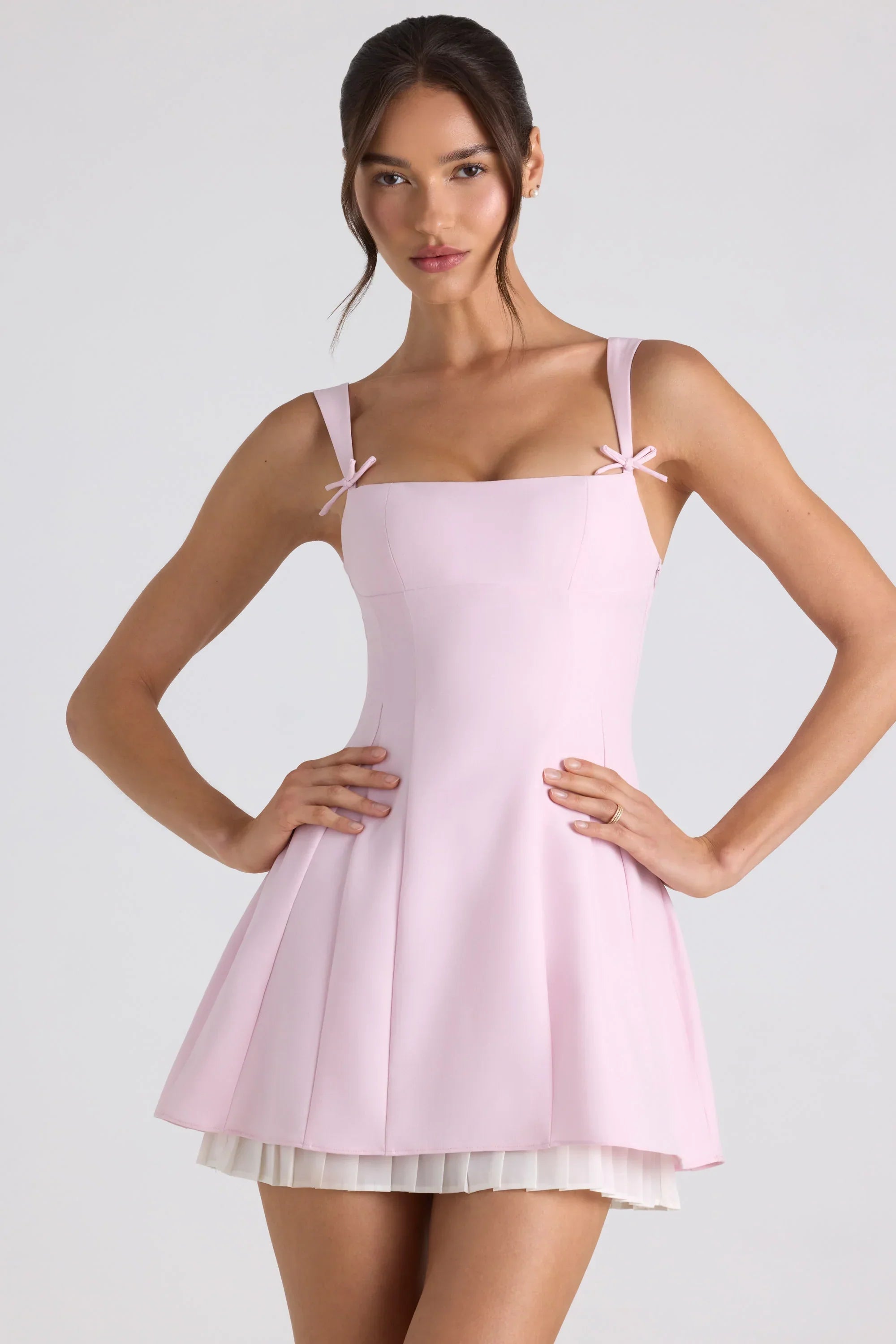 Bow Detail Pleated A Line Mini Dress in Soft Pink