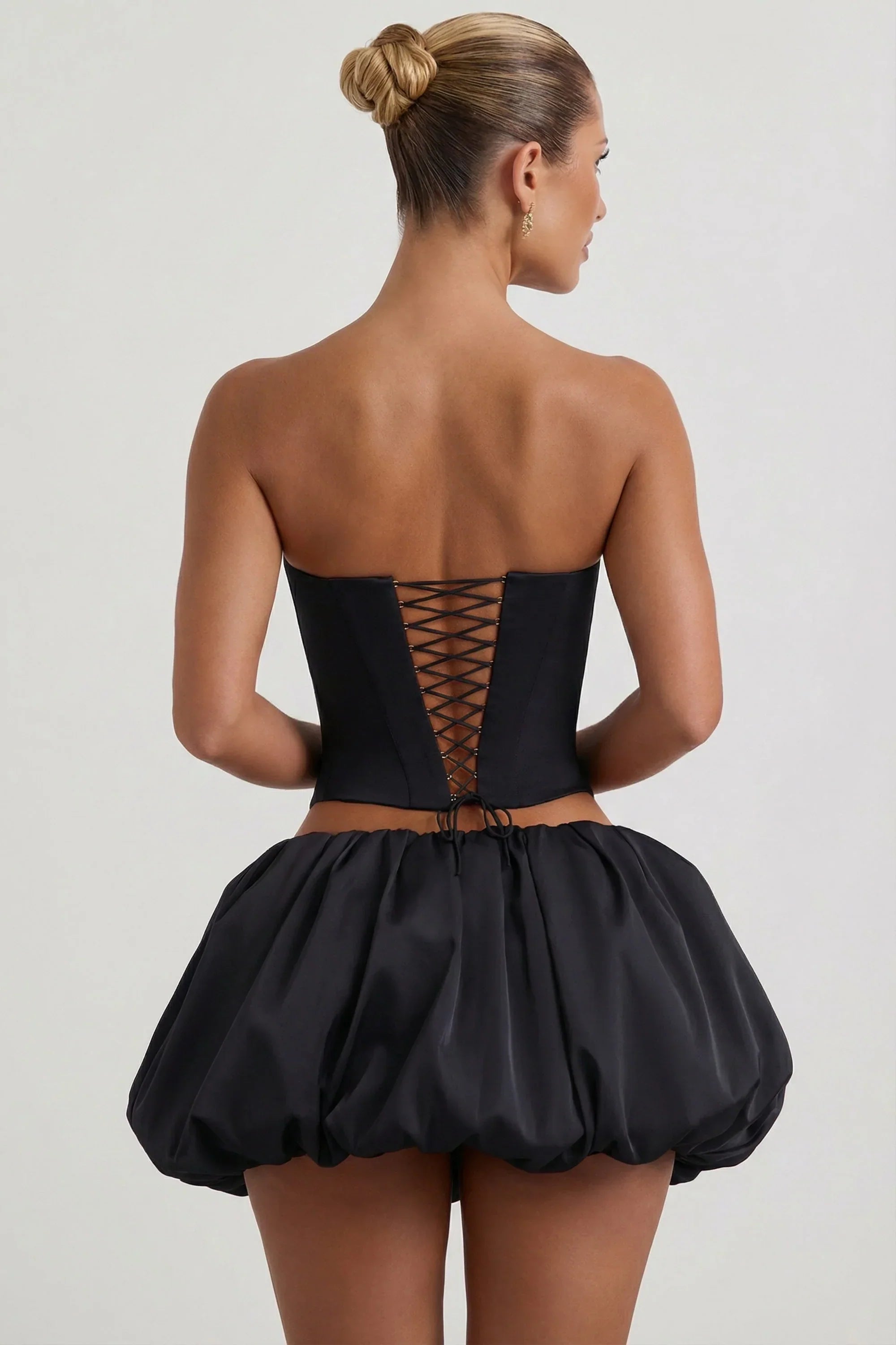 Embellished Heart Cut Out Strapless Corset Top in Black