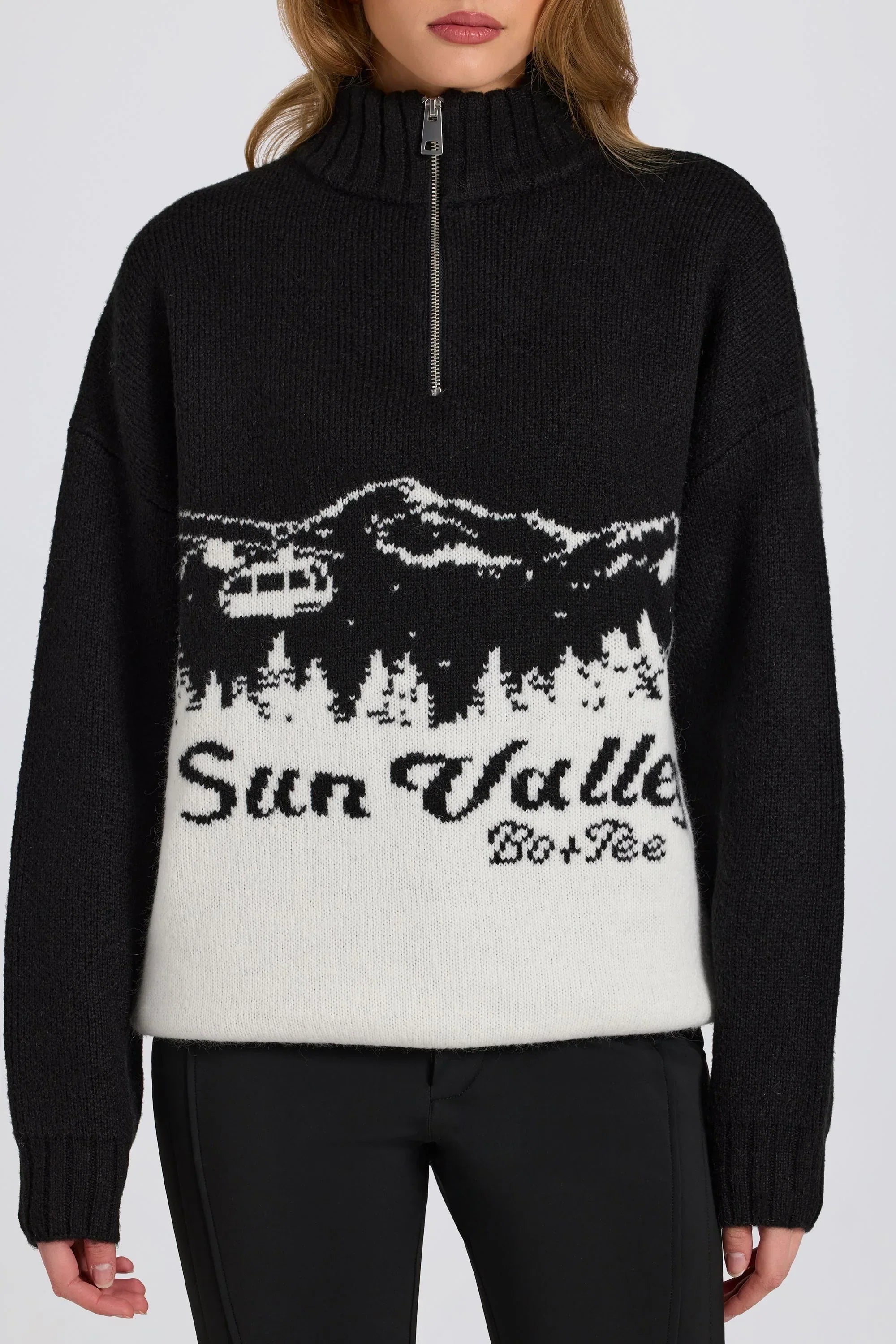 Knit Quarter Zip Turtleneck Oversized Jumper in Black