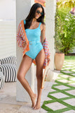 Sunset Swim Blue Solid Belted One Piece Swimsuit SALE