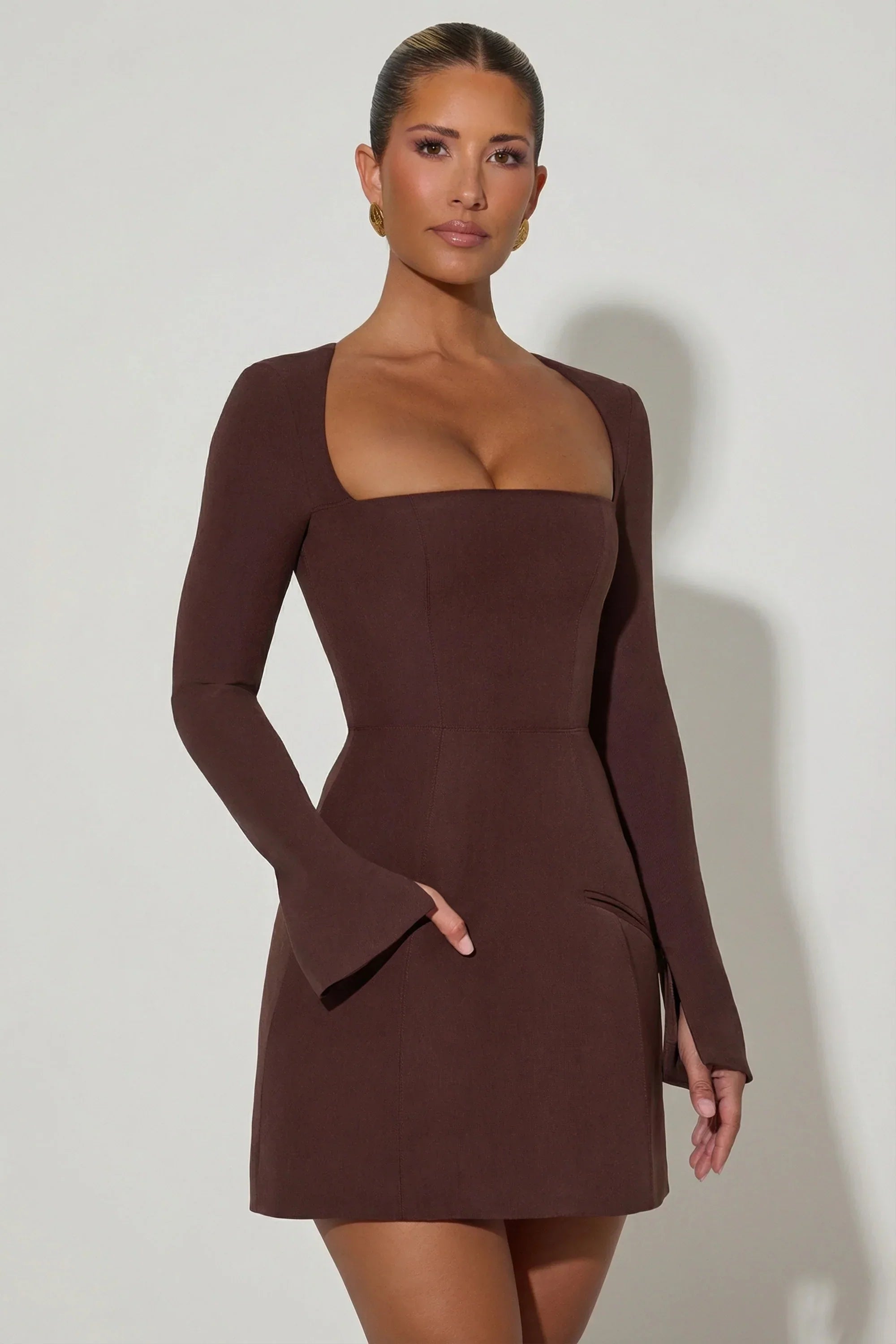Square Neck Structured Tulip Mini Dress in Chocolate Brown