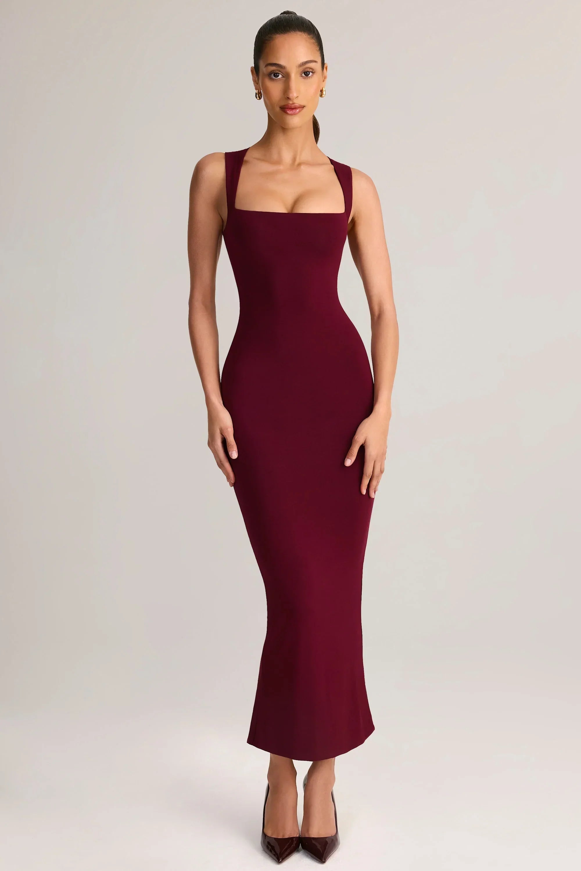 Modal Square Neck Bodycon Midi Dress in Wine