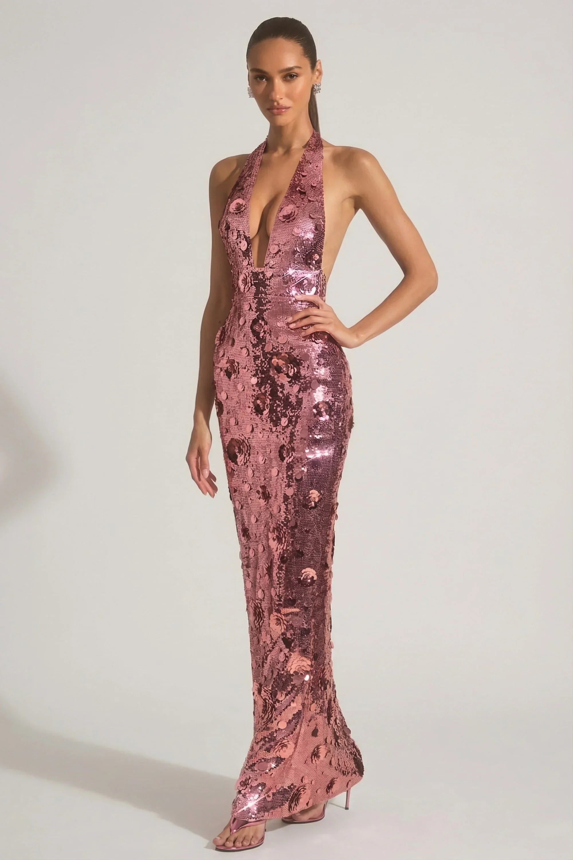 Sequin Embellished Halterneck Maxi Dress in Pink