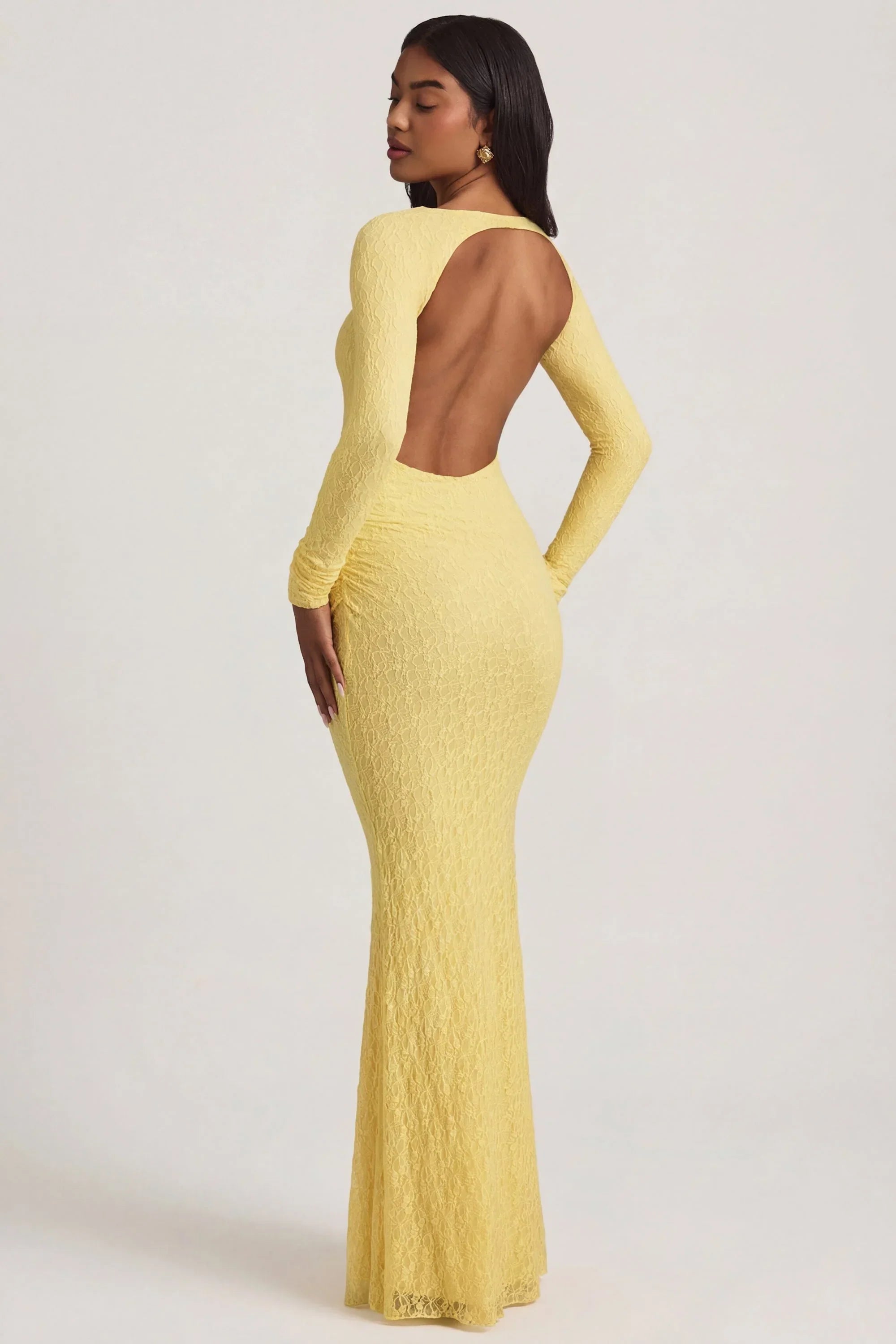Ruched Backless Lace Maxi Dress in Pastel Yellow