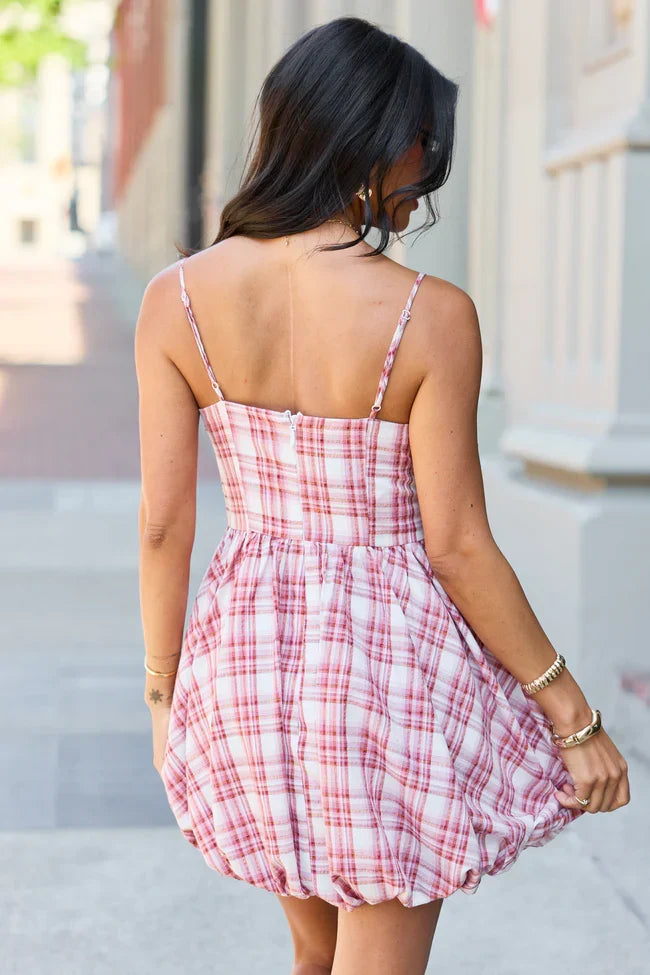 Blaire Pink Plaid Bubble Hem Mini Dress