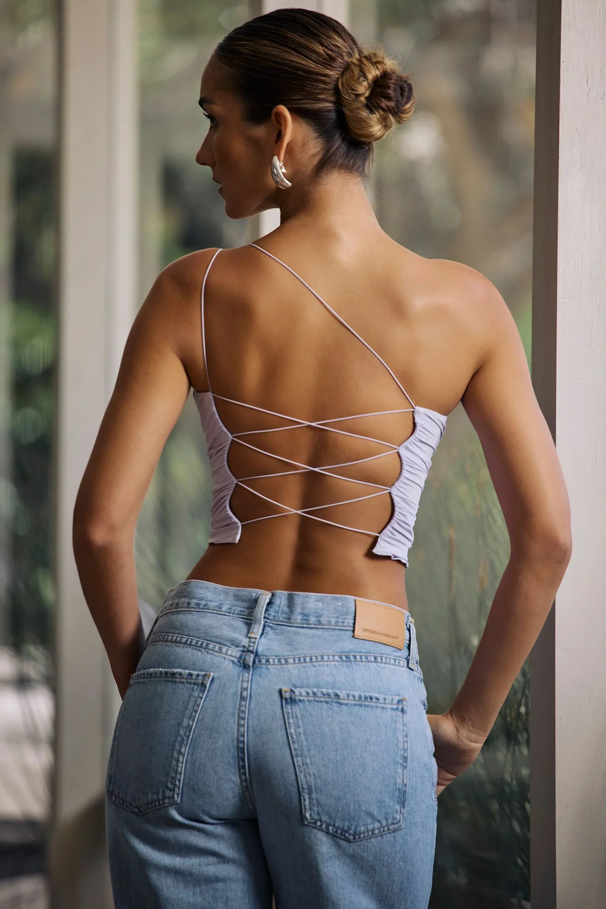 One Shoulder Lace Up Top in Soft Lilac