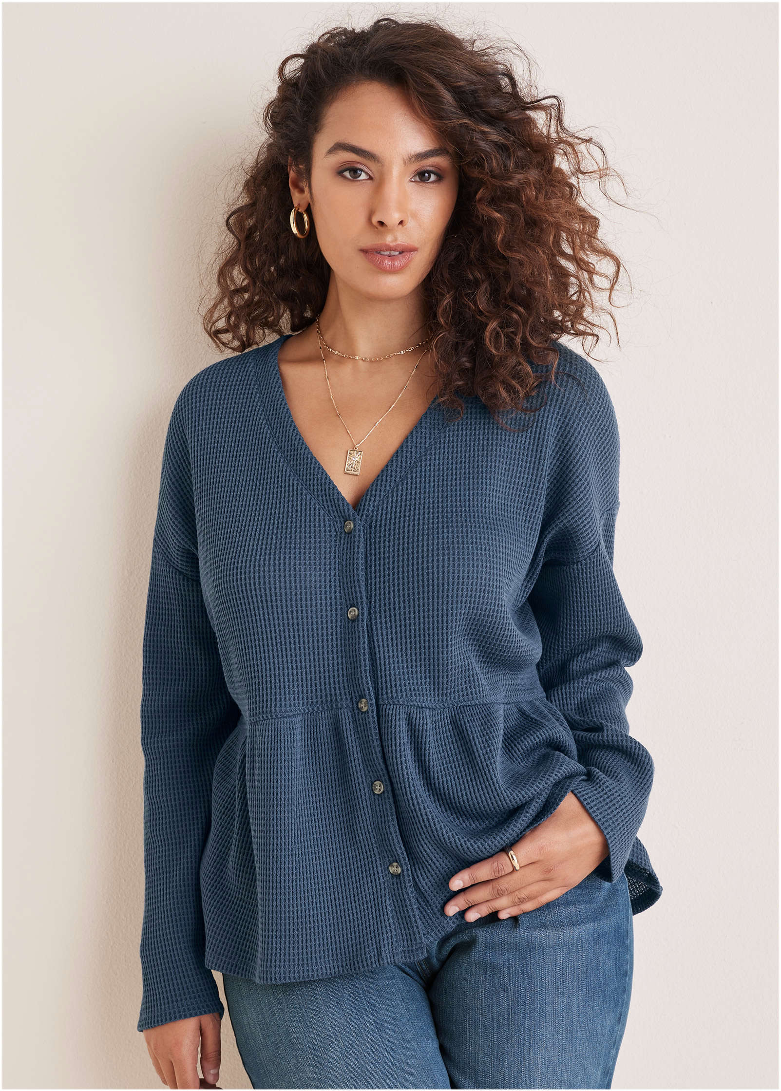 Waffle Babydoll Henley Vintage Indigo