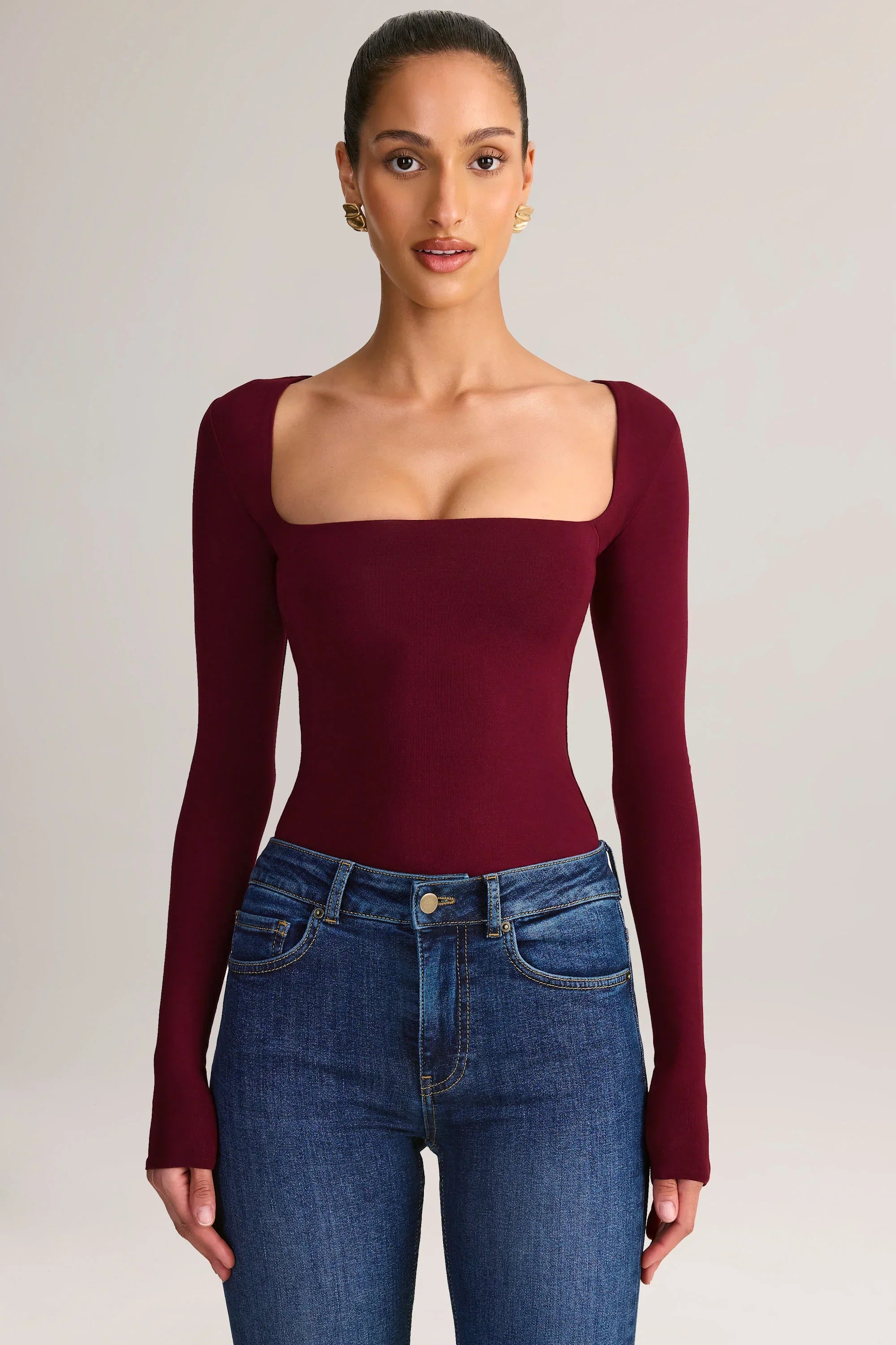 Modal Square Neck Long Sleeve Top in Wine