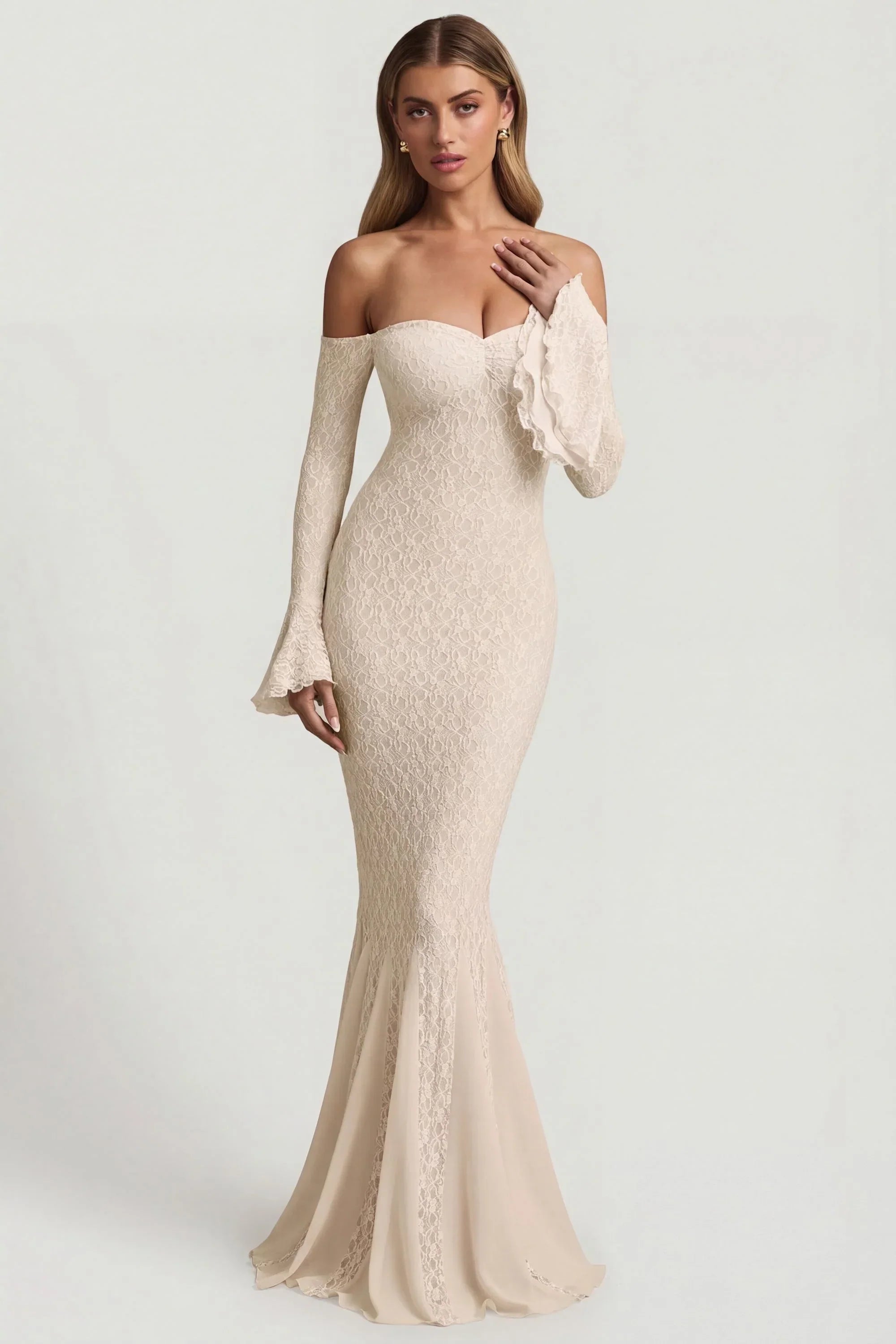 Off Shoulder Ruffle Lace Maxi Dress in Ivory