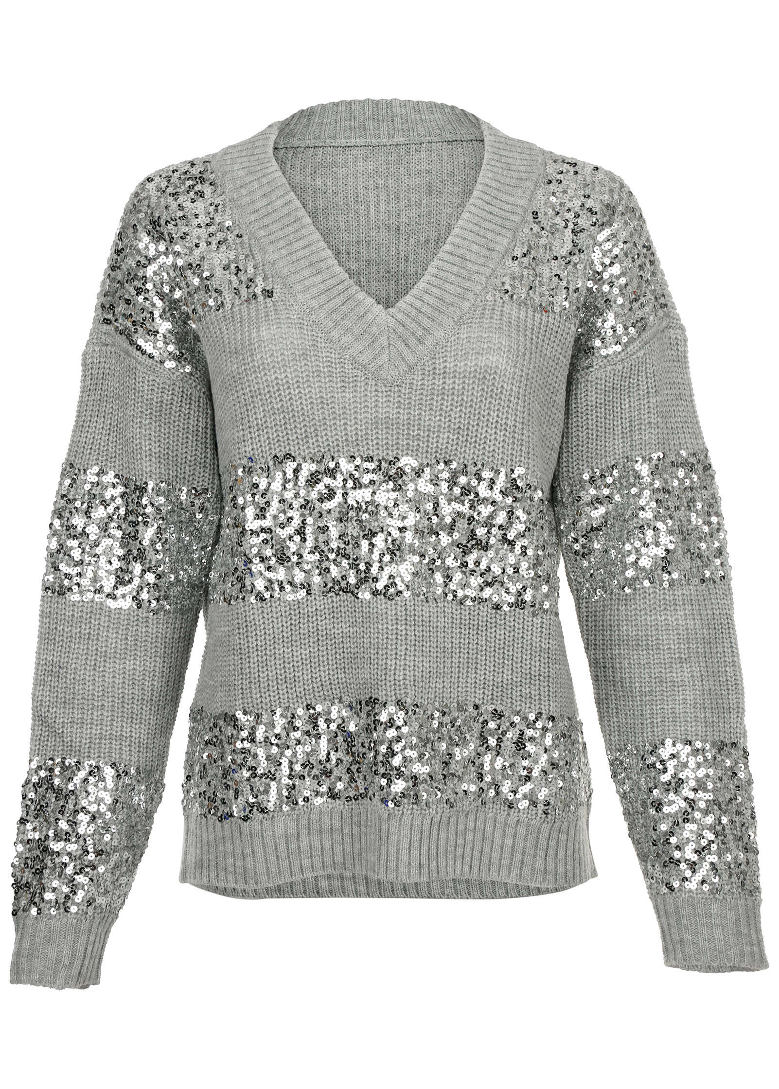 Sequin V Neck Sweater Light Heather Grey