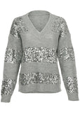 Sequin V Neck Sweater Light Heather Grey