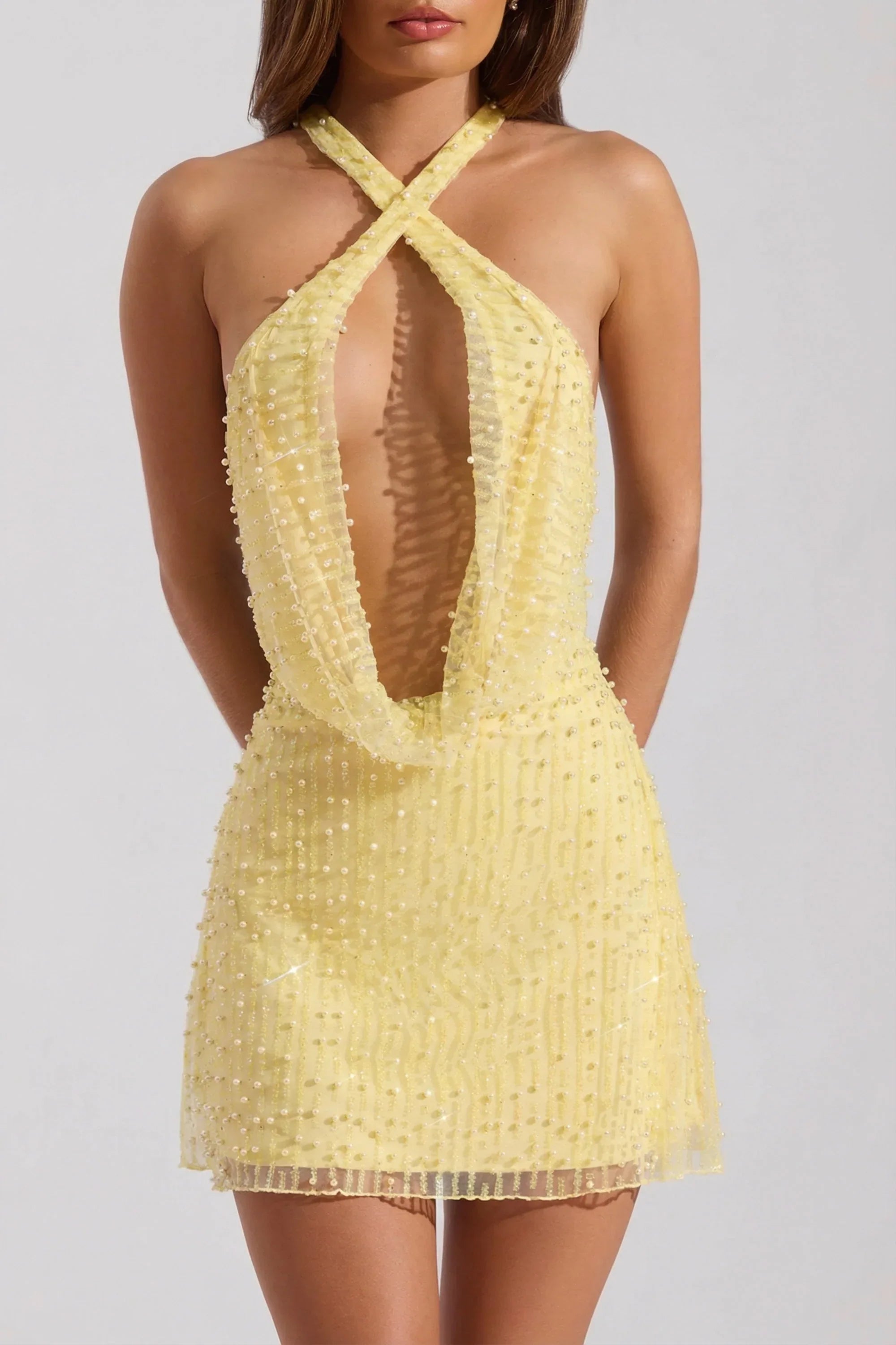 Embellished Cowl Neck Backless Mini Dress in Yellow