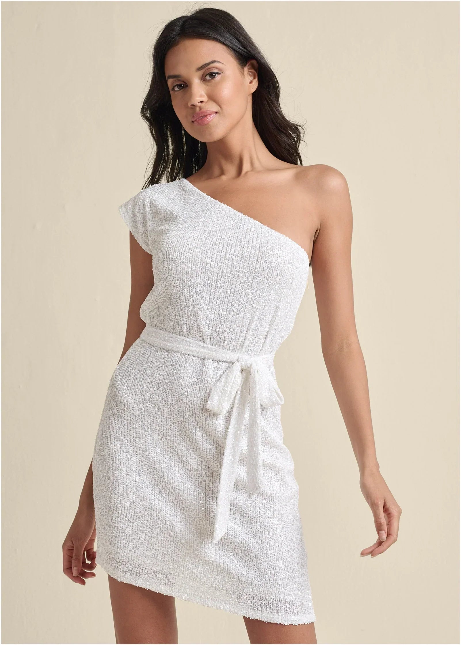 One Shoulder Sequin Dress White
