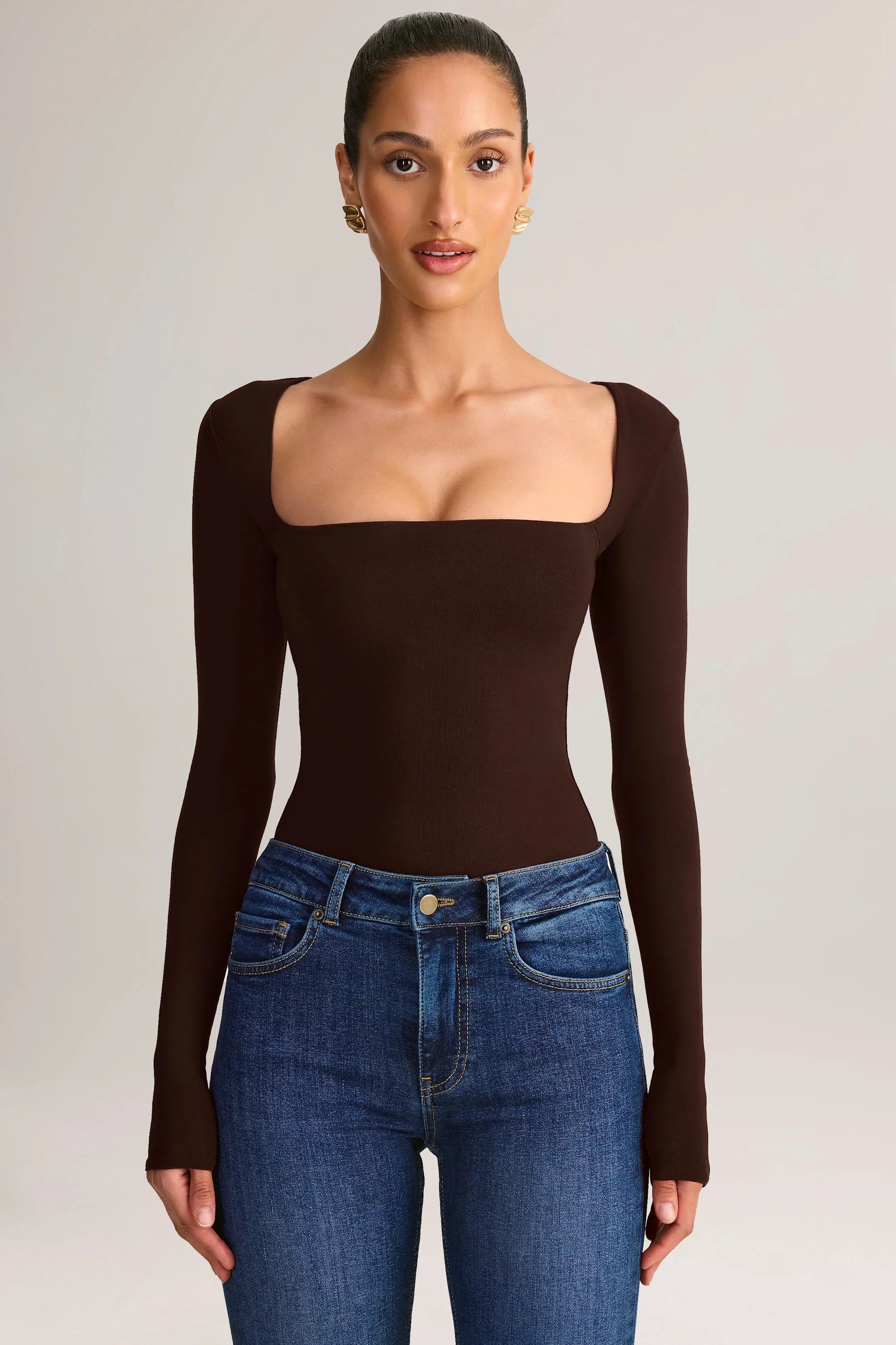 Modal Square Neck Long Sleeve Top in Chocolate Brown
