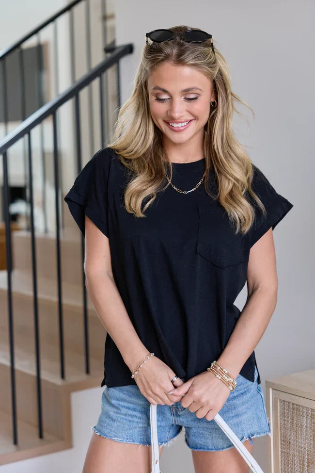 All Washed Up Black Knit Pocket Tee