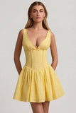 Broderie Anglaise Bow Detail A Line Mini Dress in Pastel Yellow
